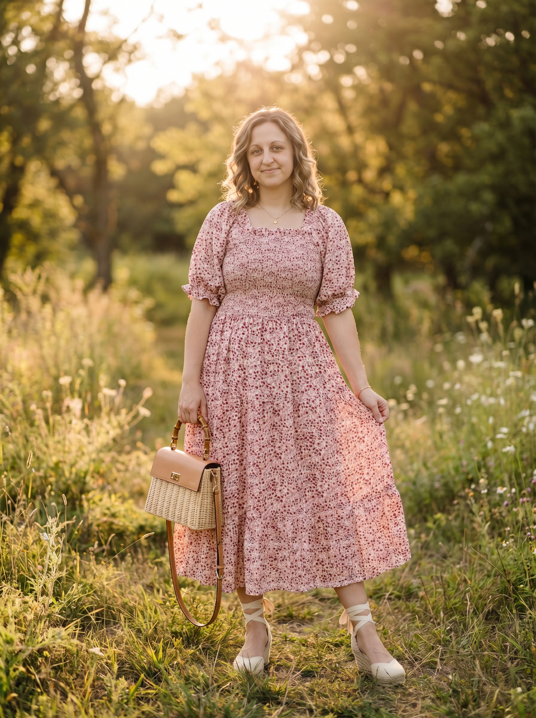 Romantic blush pink floral tiered midi dress with espadrille wedges and a straw cross-body bag, perfect for east coast summer outfits 2026 vineyard visits.