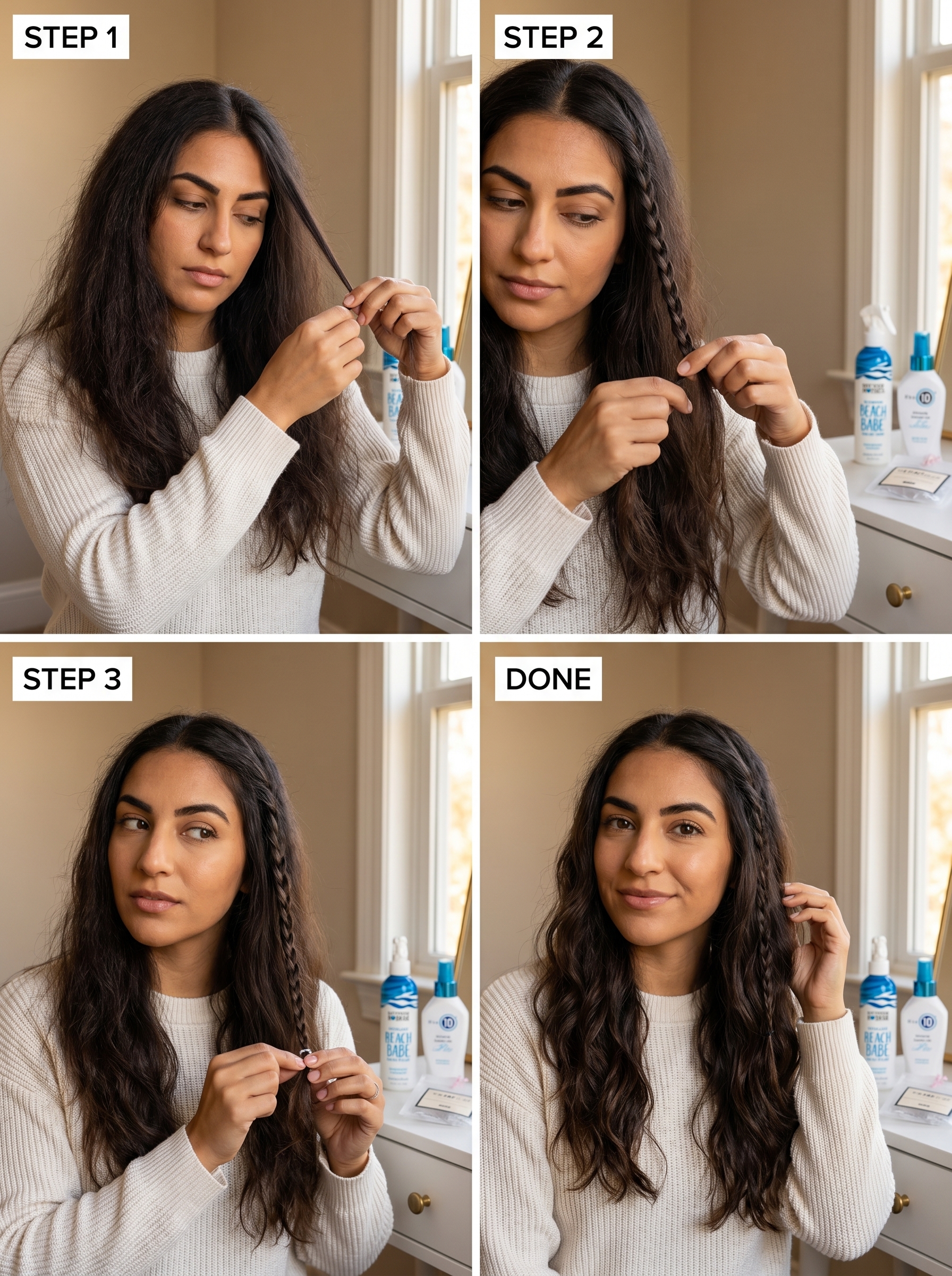 Bohemian Micro-Braid Accents for wavy hair, a relaxed and artistic easy summer hairstyle 2026. Features small clear elastic hair ties and sea salt spray to enhance texture, great for festivals or the beach.