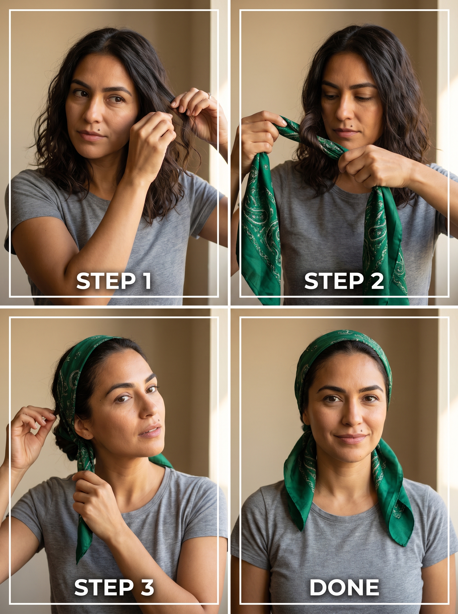 A chic and sophisticated 'Cool Girl' silk scarf wrap, using an old money aesthetic, for easy summer hairstyles 2026. This effortless updo features a high-quality silk scarf in earth tones or bold prints, perfect for work, date night, or everyday wear, with frizz control.