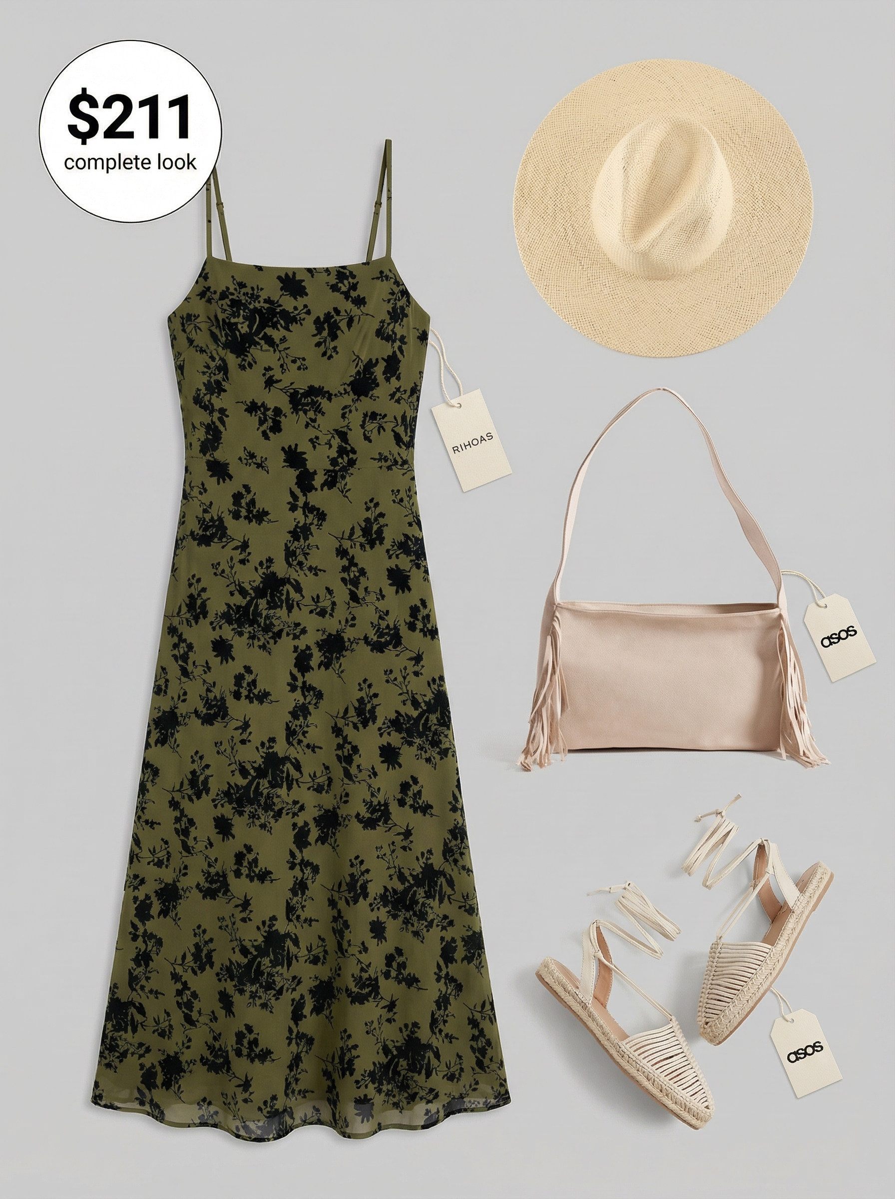 Free-spirited end of summer outfits for a sunset picnic: terracotta and olive floral midi dress, espadrille sandals, straw hat.
