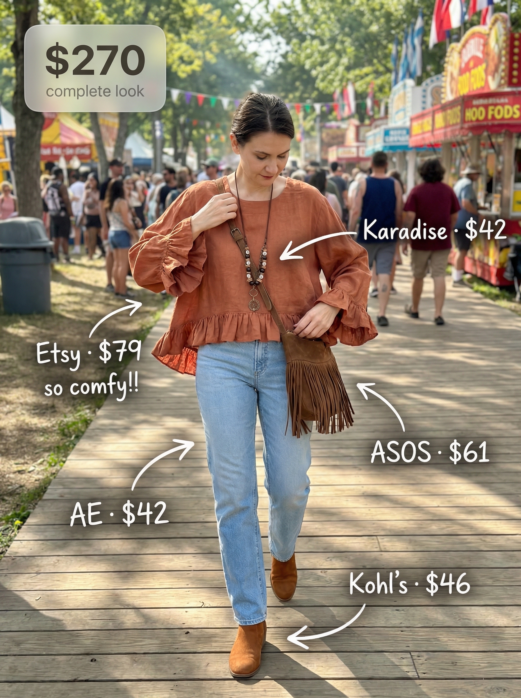 Boho end of summer outfit with a rust orange peasant blouse, straight-leg jeans, suede ankle boots, and a fringe crossbody bag for festivals.
