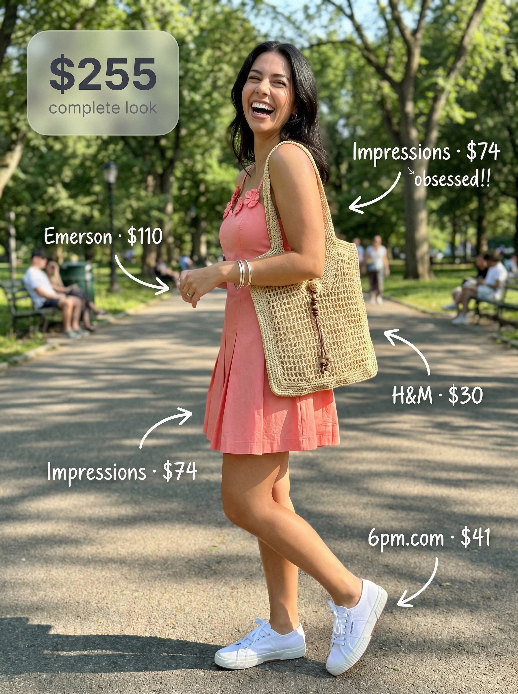 Playful end of summer outfit with a coral pink tiered mini sundress, white canvas sneakers, a straw tote bag, and silver bangles for a picnic.