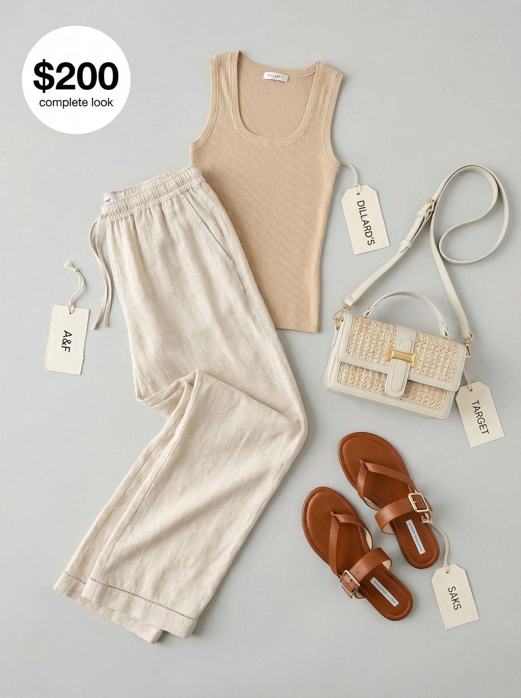 Effortless end of summer outfit featuring cream wide-leg linen pants, a tan ribbed tank, leather slides, and a woven crossbody bag for evening.
