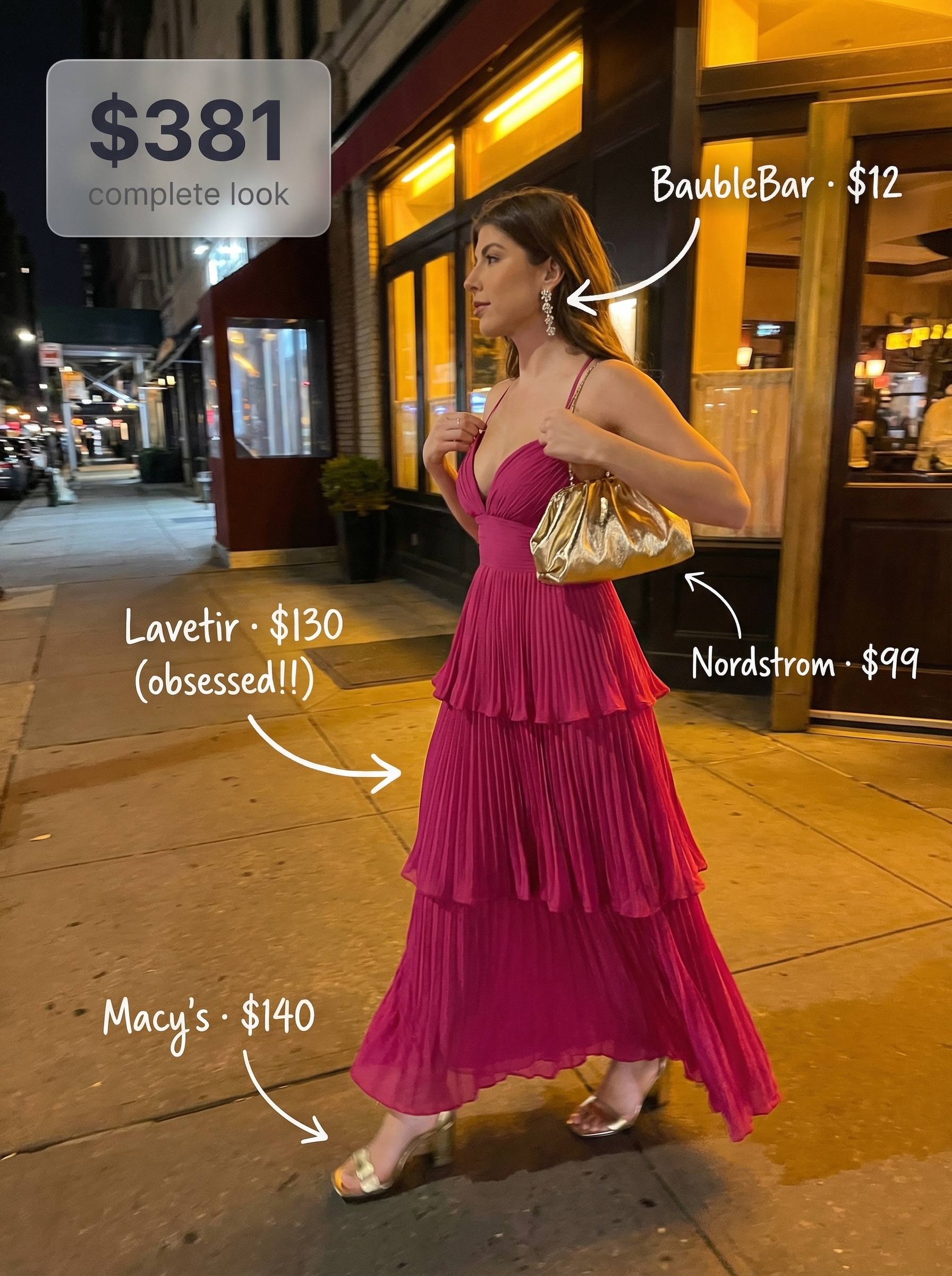 Glamorous end of summer outfits for a gala: vibrant fuchsia tiered maxi dress, metallic gold block heels, gold clutch, statement earrings.