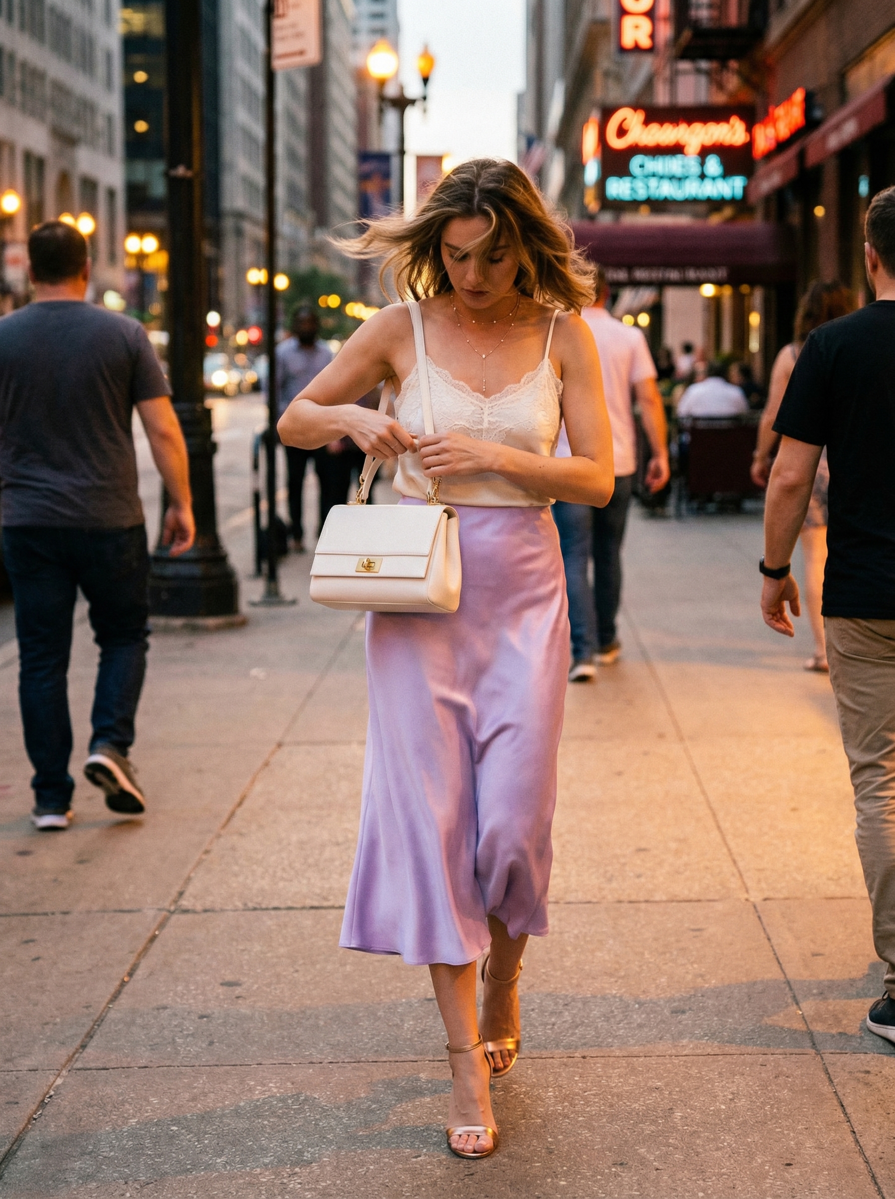 Feminine end of summer outfits for date night featuring a lavender satin midi slip skirt, cream camisole, and rose gold accessories.