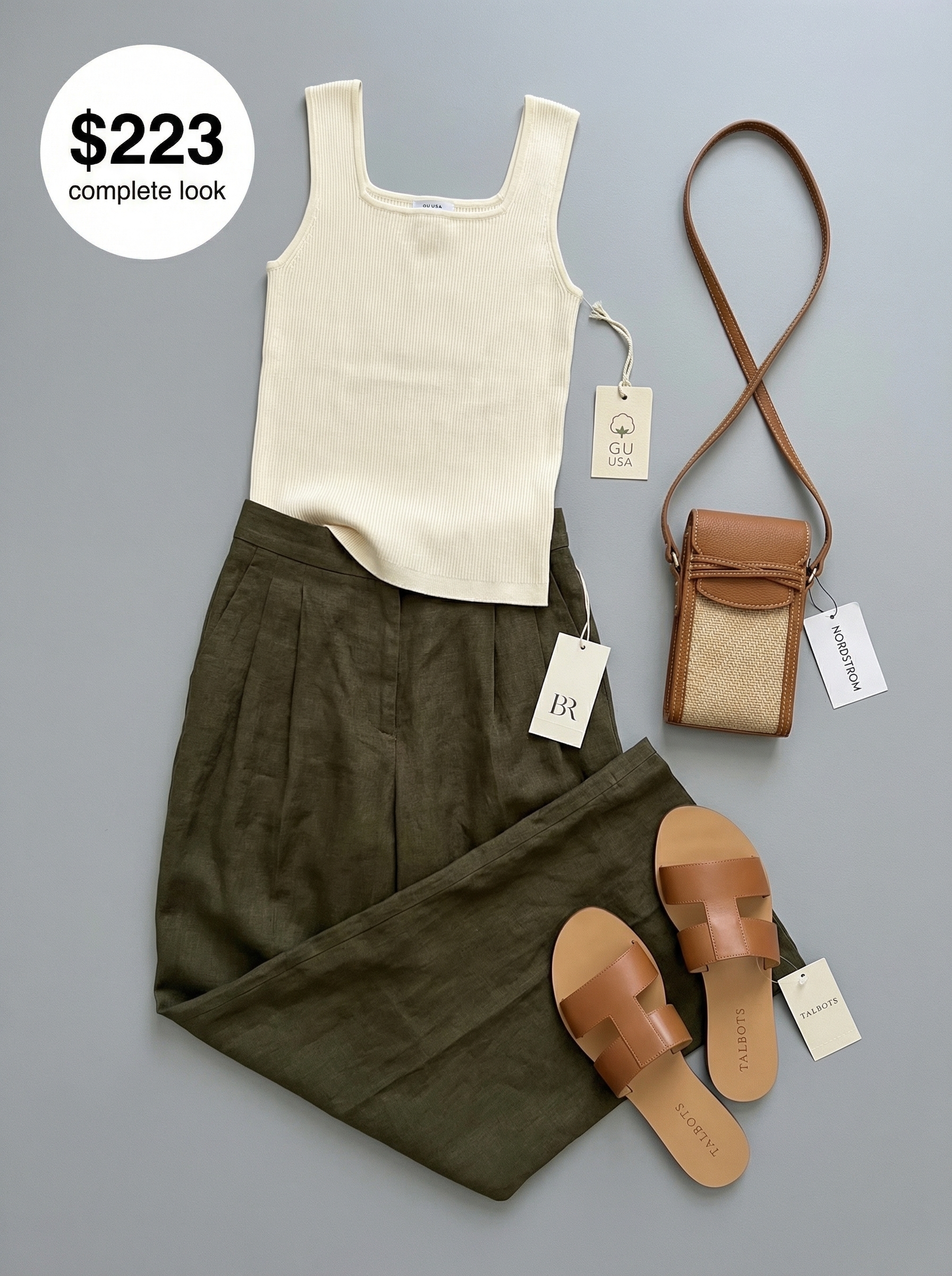 Airy end of summer outfit with olive green wide-leg trousers, a cream ribbed tank, leather slides, and a woven crossbody for a beach dinner.