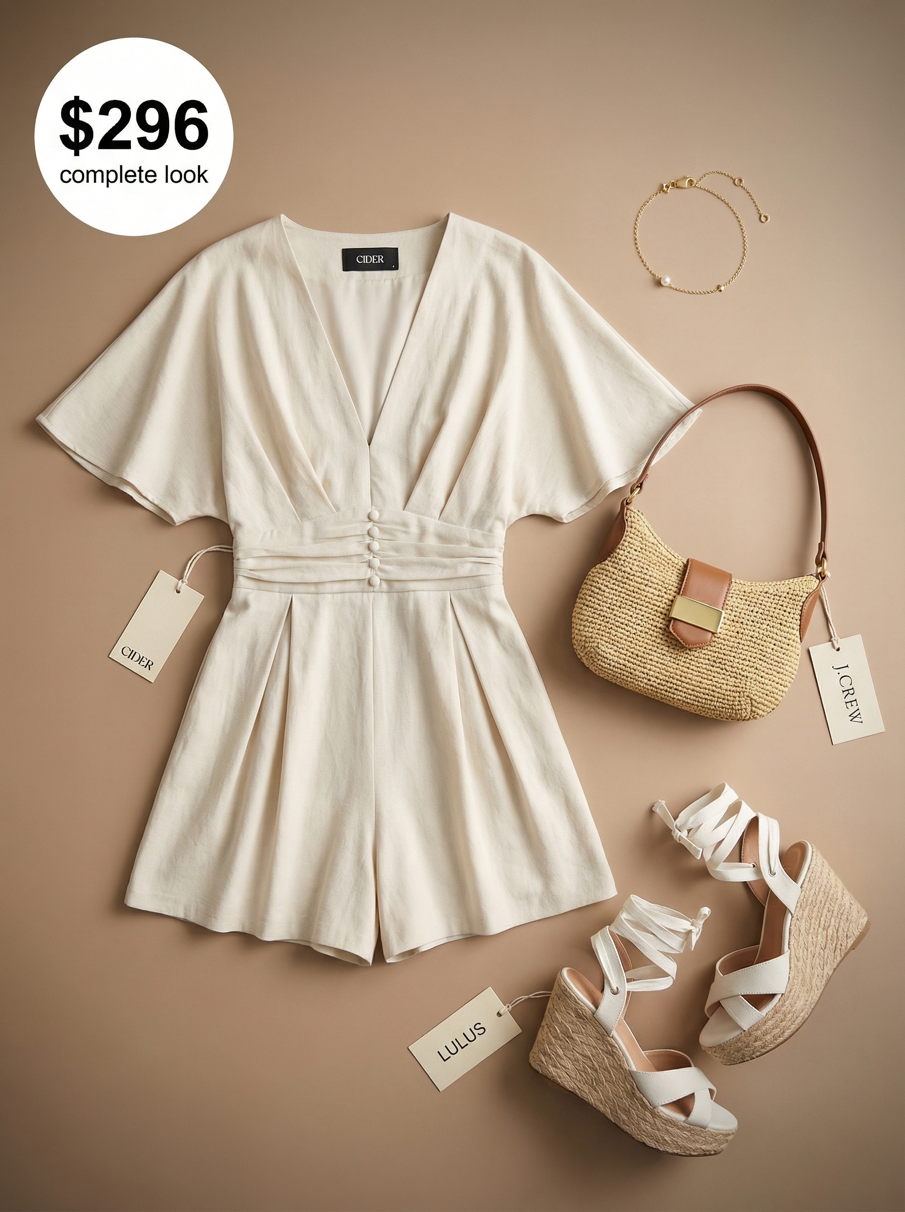 Chic end of summer outfit featuring a peach linen-blend romper, espadrille sandals, and a straw bag for a fresh daytime event.