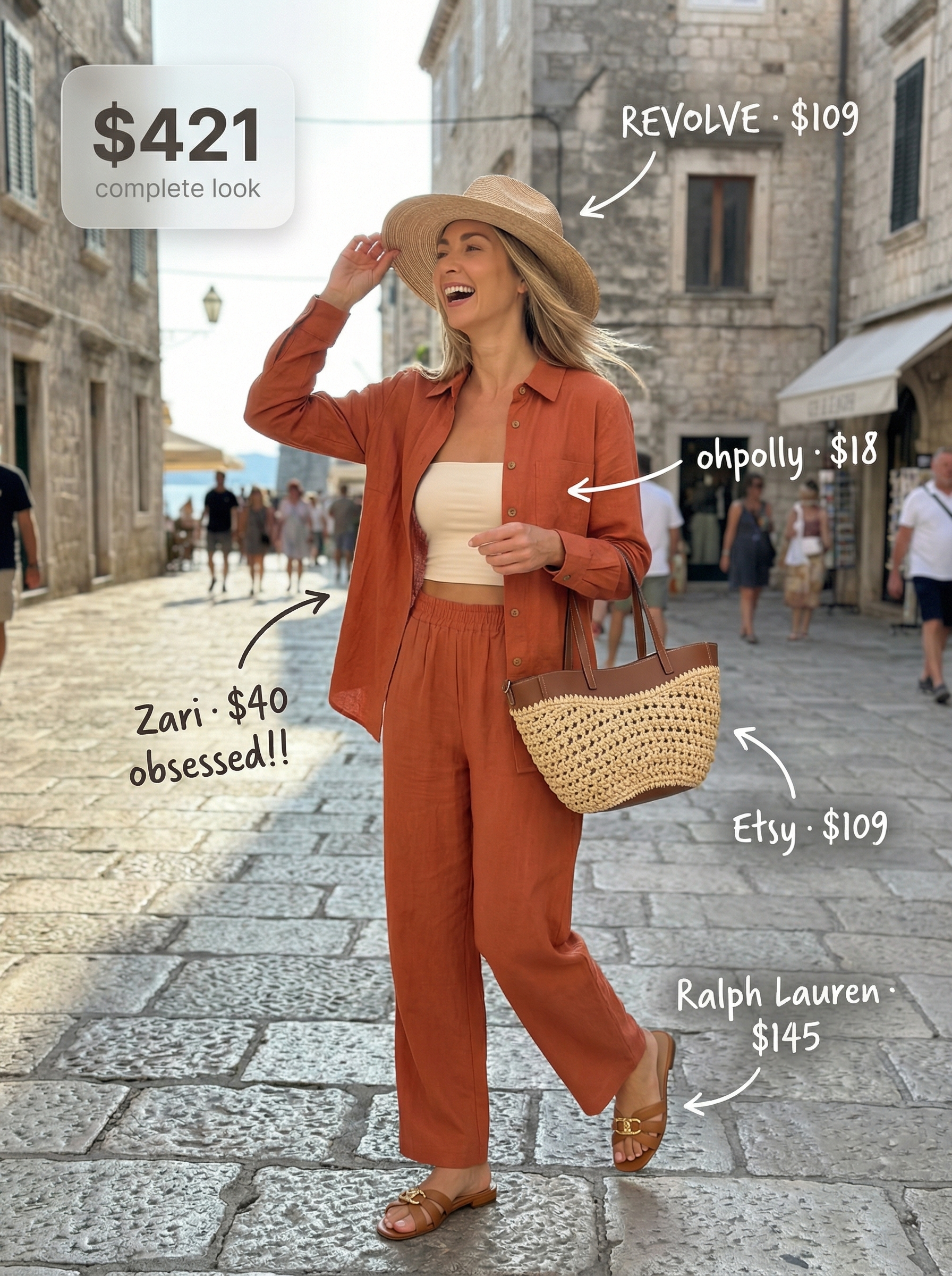 Luxurious end of summer outfits for resort living: terracotta linen co-ord shirt and wide-leg pants, cream bandeau, straw hat.