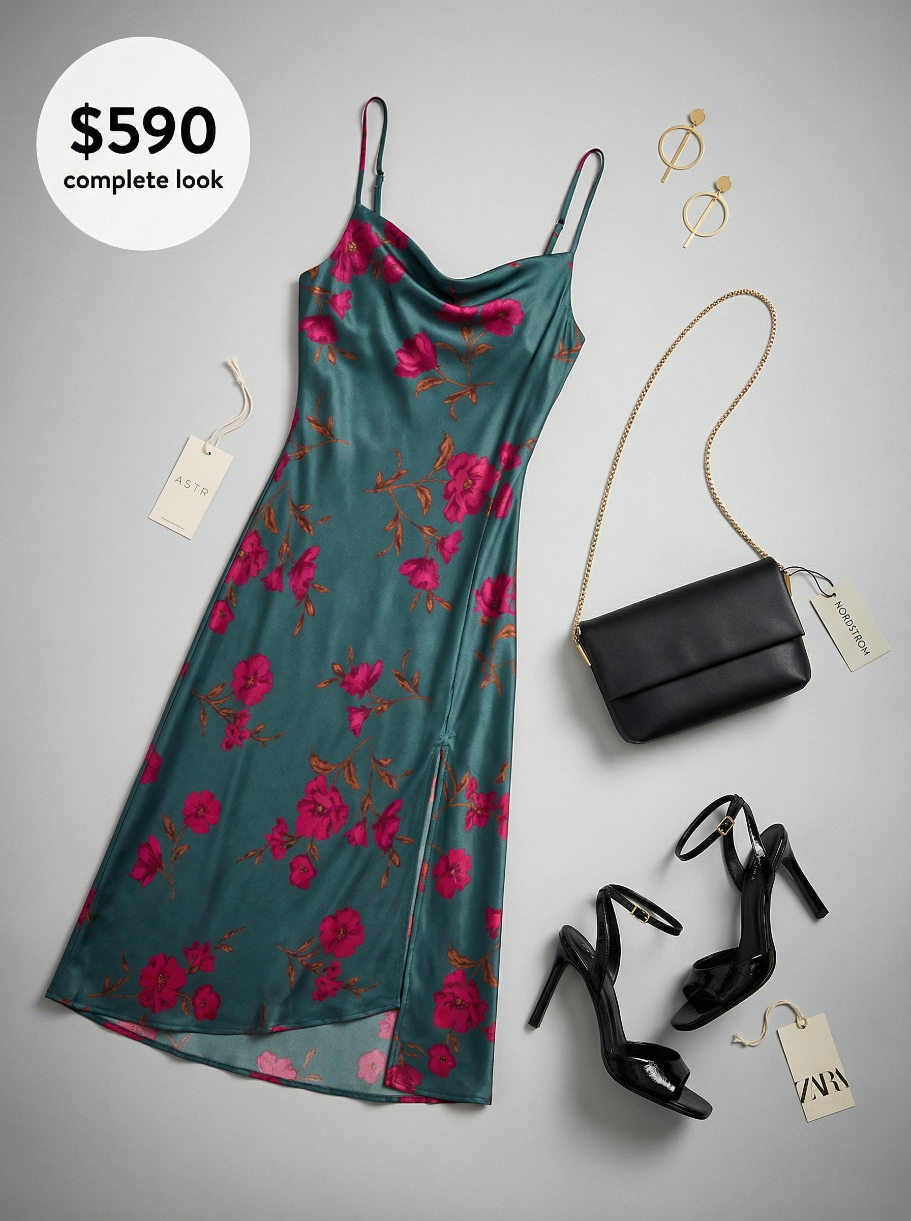 Elegant end of summer outfits for a cocktail party: deep teal floral satin midi dress, black heels, and gold geometric earrings.