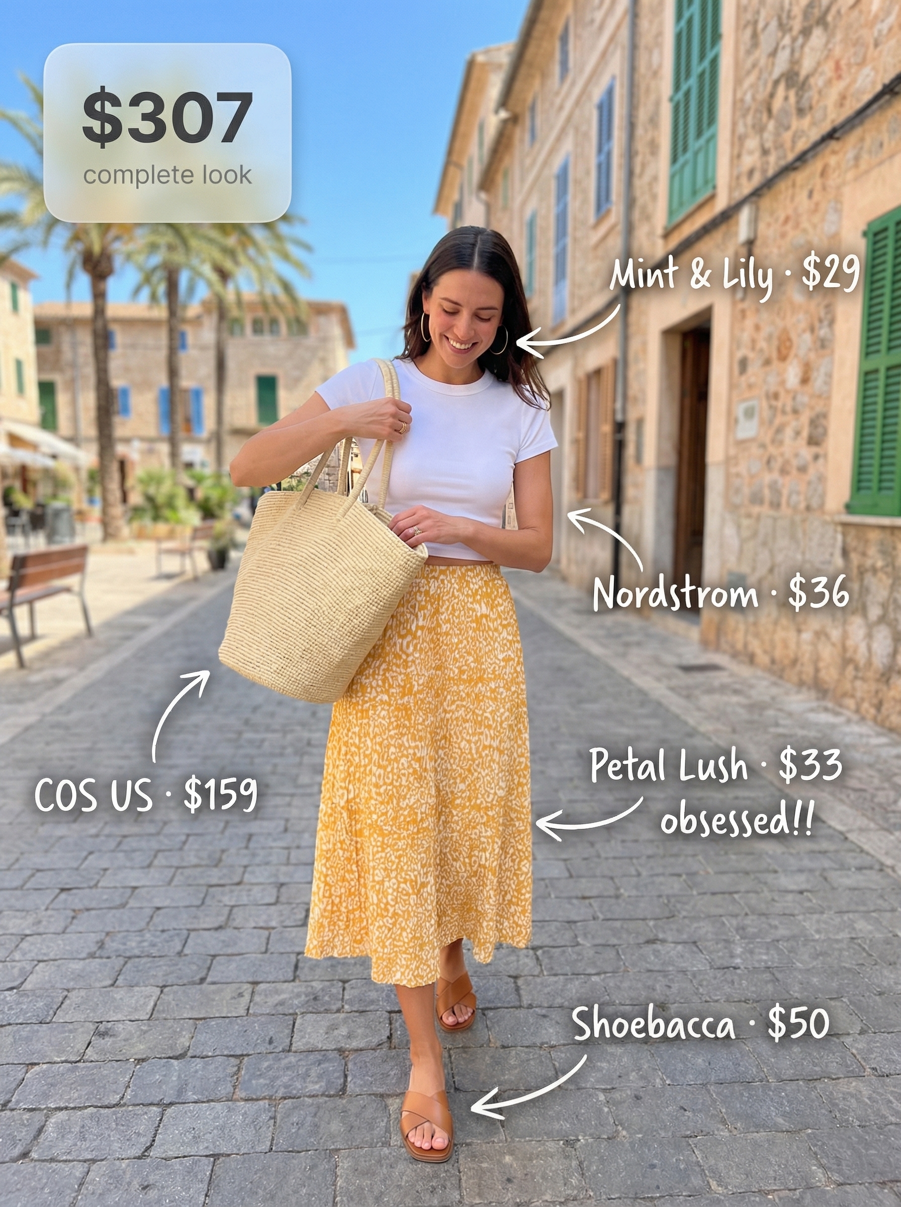 Vibrant Europe summer outfits featuring a sunny yellow abstract print midi skirt, white ribbed knit crop top, tan leather slide sandals, and a large woven market tote bag for a playful beachside brunch.