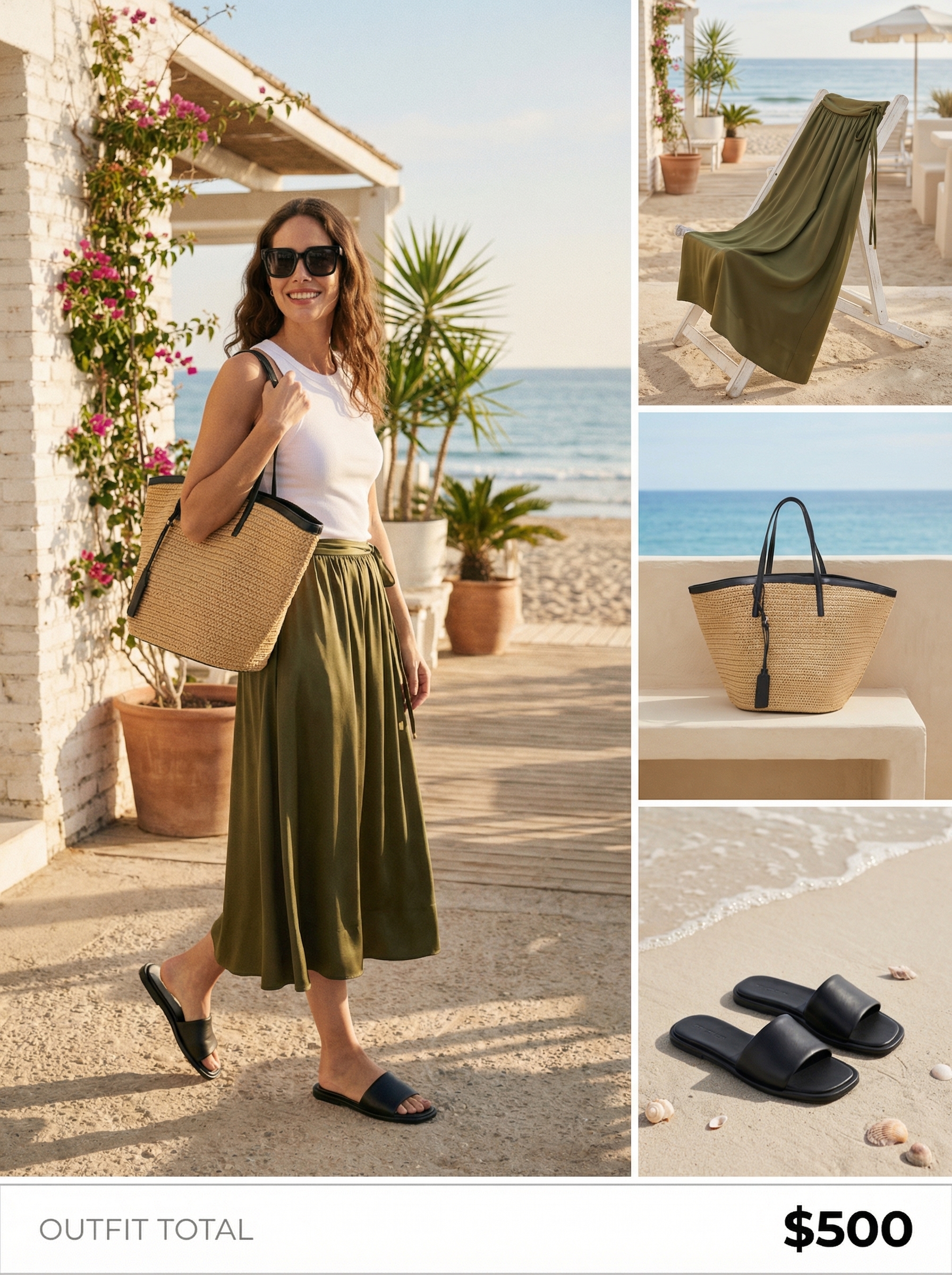 Relaxed Europe summer outfit for a beach club or poolside lunch, featuring an olive green flowy midi skirt, a crisp white ribbed tank top, and comfortable black slide sandals. Accessorized with a woven straw tote bag and oversized black sunglasses, perfect for Barcelona. Effortless and cool.