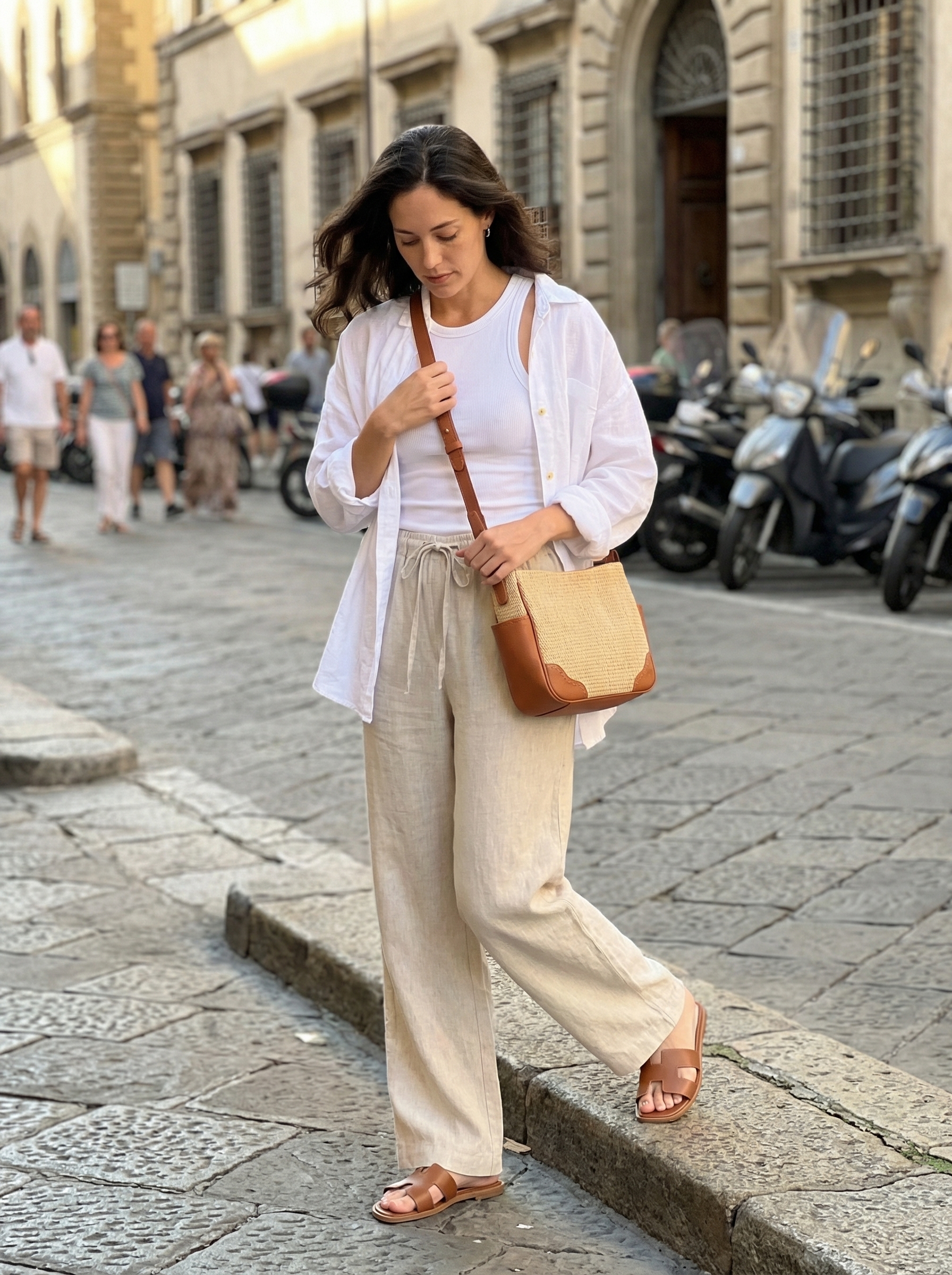 Relaxed Europe summer outfit for café culture, featuring natural beige high-waisted wide-leg linen pants, a classic white ribbed tank top, and brown flat leather slide sandals. Completed with a white oversized linen button-down shirt worn open and a woven straw crossbody bag. Chic and understated for casual sightseeing.