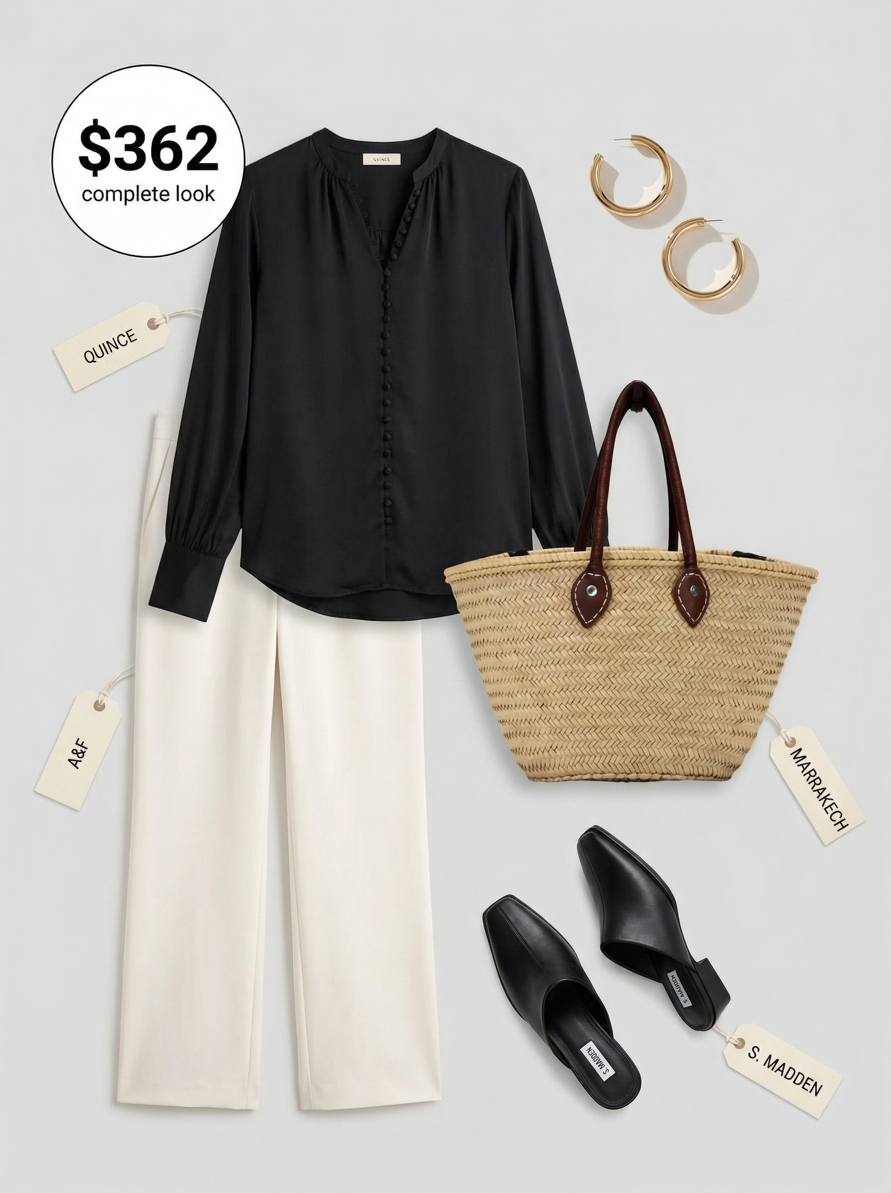 Sophisticated Croatia coastal drive Europe summer outfit featuring cream wide-leg linen trousers, a black silk blend blouse, flat leather mules, a straw tote, and gold hoop earrings.
