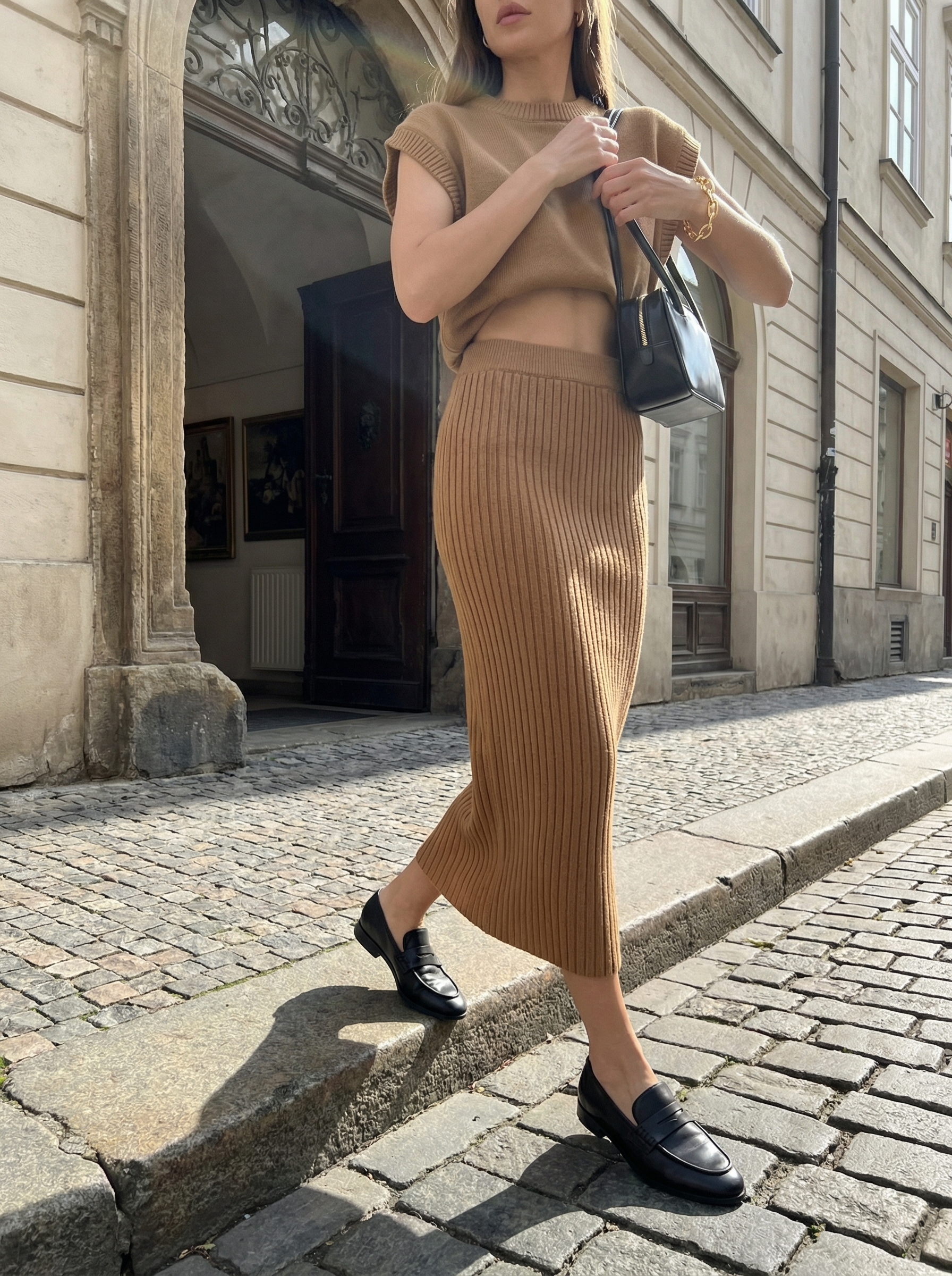 Chic Europe summer outfits featuring a beige knit crop top and midi skirt set, black loafers, and a structured handbag in an art gallery setting, perfect for a polished, artistic look for sightseeing.