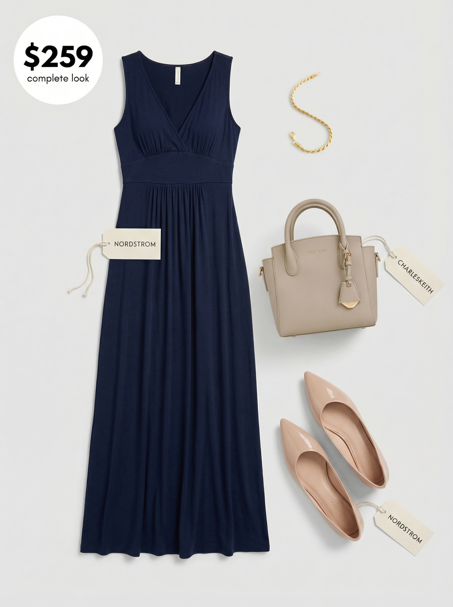 Sophisticated Europe summer outfits for Florence gallery hopping, showcasing a navy jersey knit sleeveless maxi dress, beige ballet flats, a structured top-handle bag, and a delicate gold bracelet.