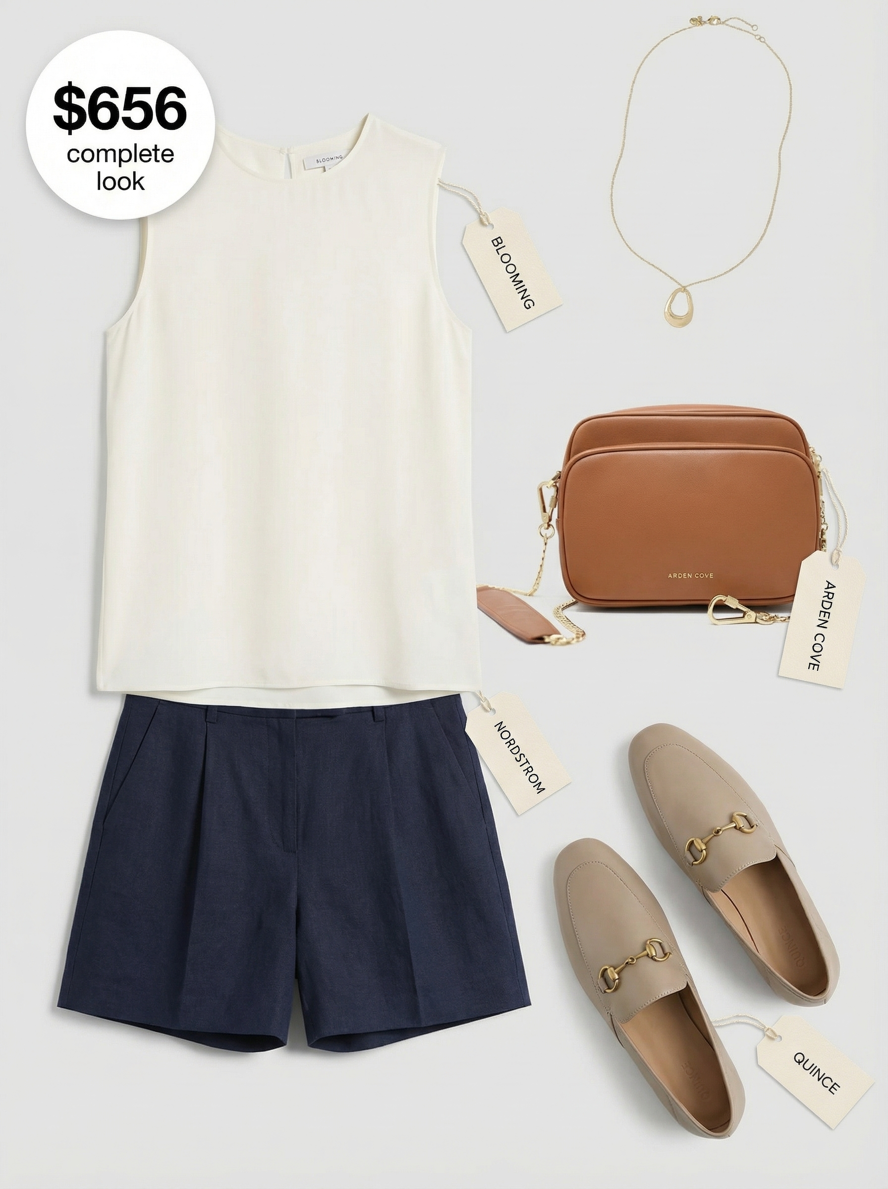 Chic Europe summer outfit for a Lisbon city stroll, featuring navy high-waisted tailored linen shorts, an off-white sleeveless silk blend blouse, and tan flat leather mules. Accessorized with a delicate gold pendant necklace and a small structured crossbody bag. Polished and comfortable for city exploring or casual lunch.