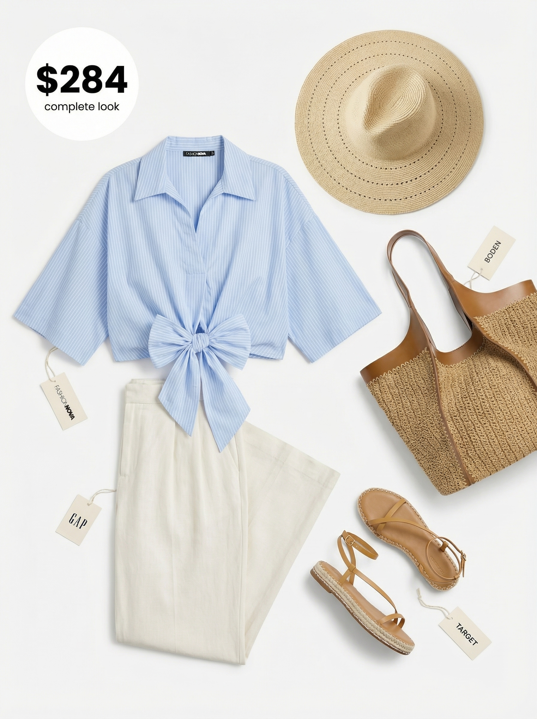 Relaxed chic Europe summer outfits with white wide-leg linen pants, a sky blue button-down shirt tied at the waist, espadrille sandals, and a wide-brim straw hat, great for a Mediterranean coastal brunch.