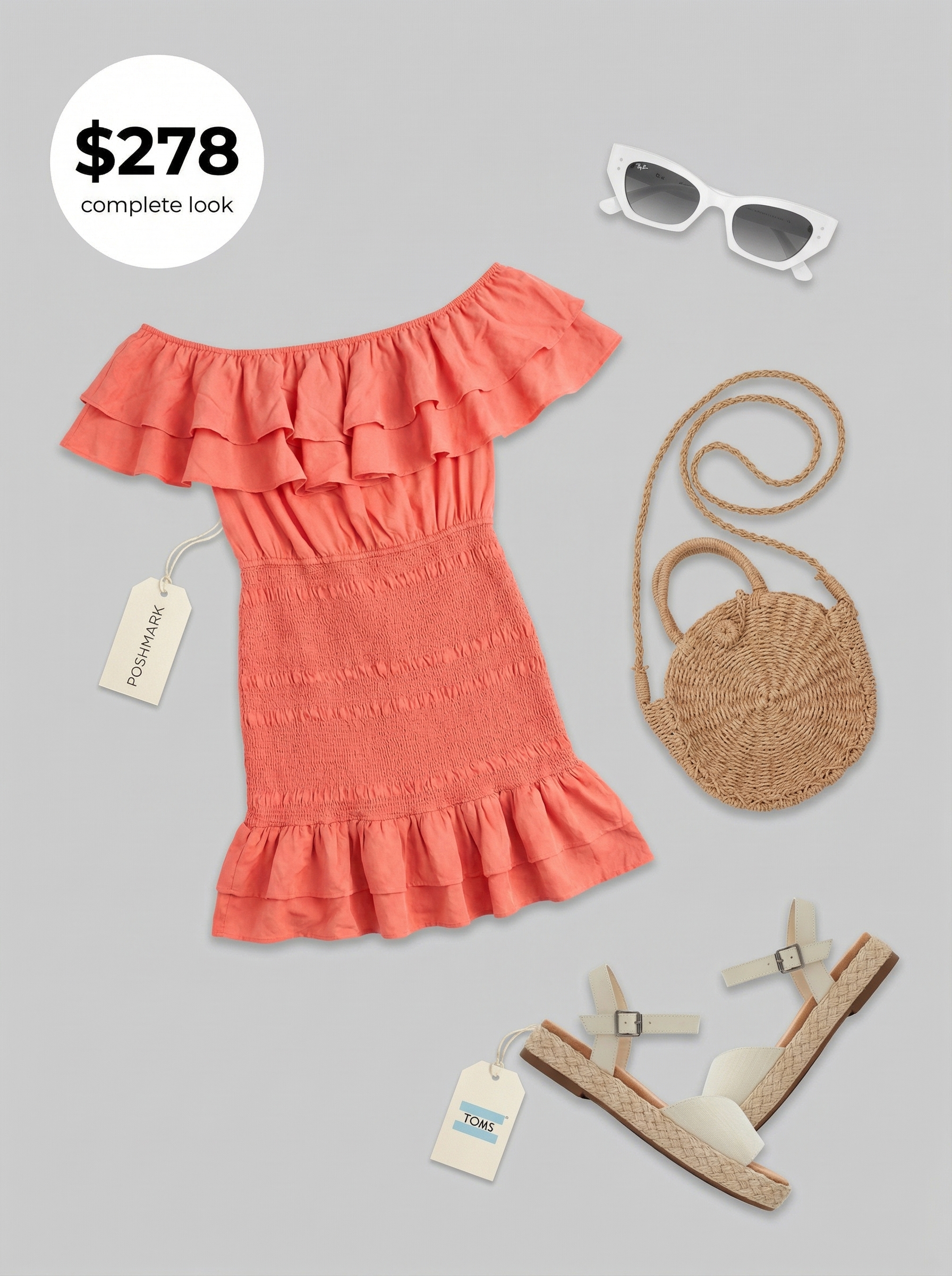 Playful Europe summer outfits for a Mykonos beach club day, featuring a coral smocked off-the-shoulder mini dress, platform espadrille sandals, a round straw crossbody bag, and statement white sunglasses.