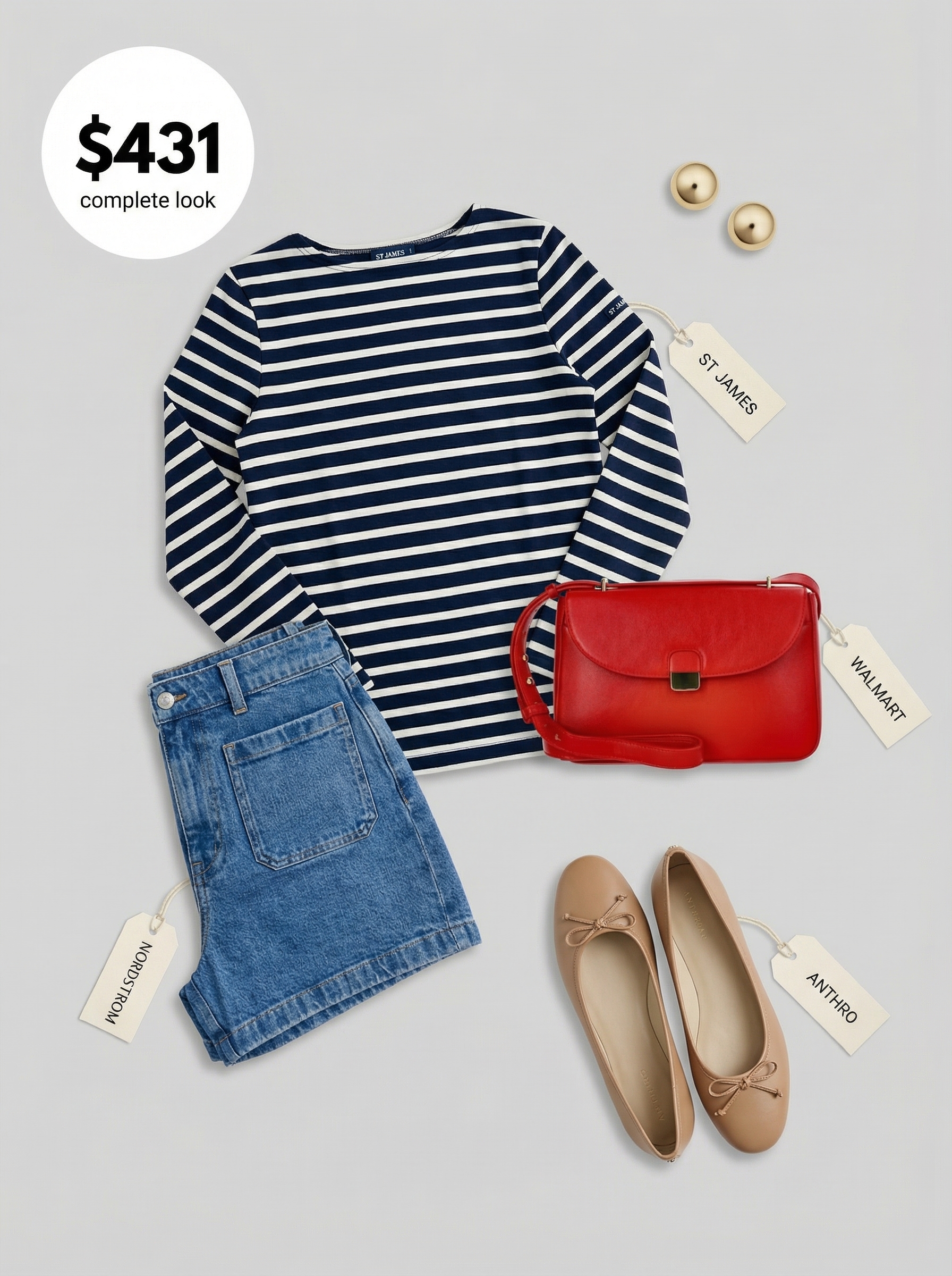 Chic Parisian cafe casual outfit for Europe summer travel. Features navy and white Breton stripe top, tailored denim shorts, tan ballet flats, and a red crossbody bag for sightseeing.