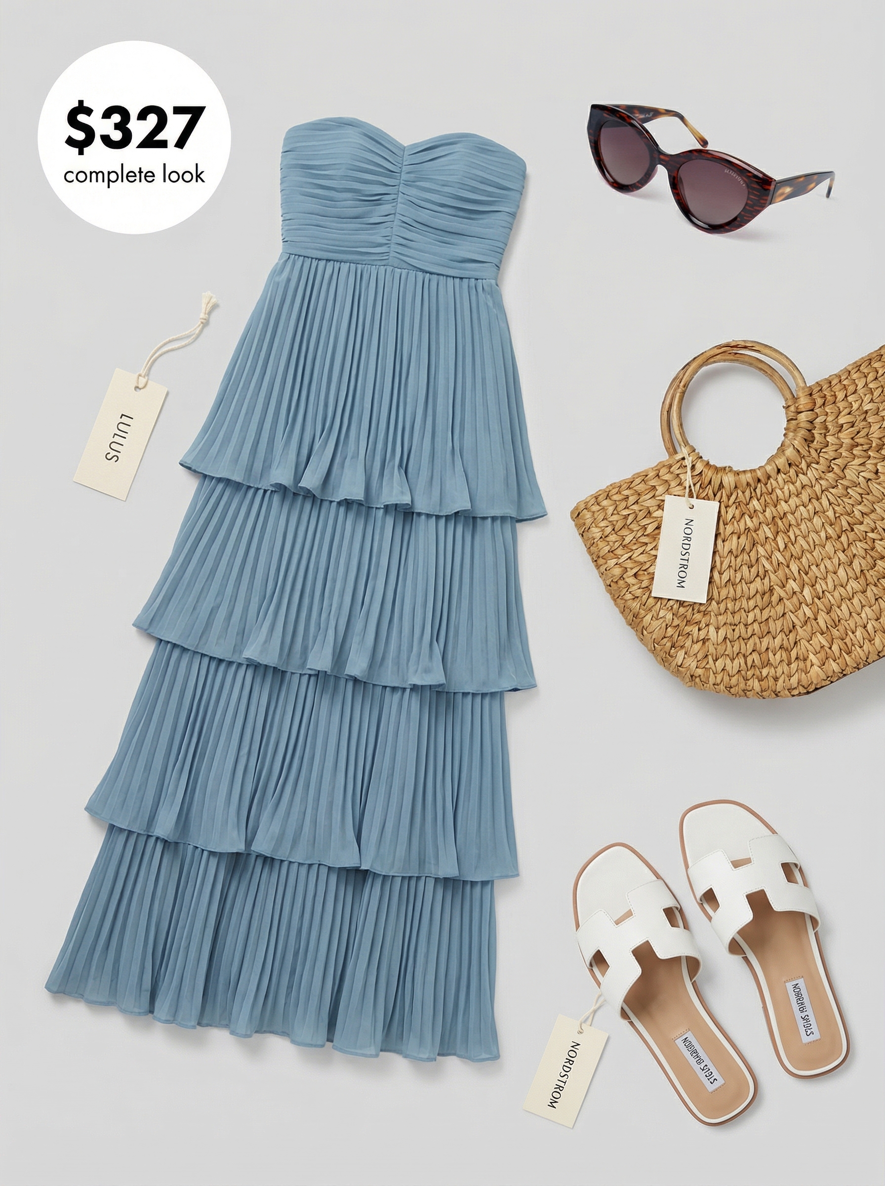 Relaxed Riviera Rendezvous Europe summer outfit featuring a sky blue tiered maxi dress, white slide sandals, a circular straw tote, and oversized sunglasses, perfect for coastal towns.