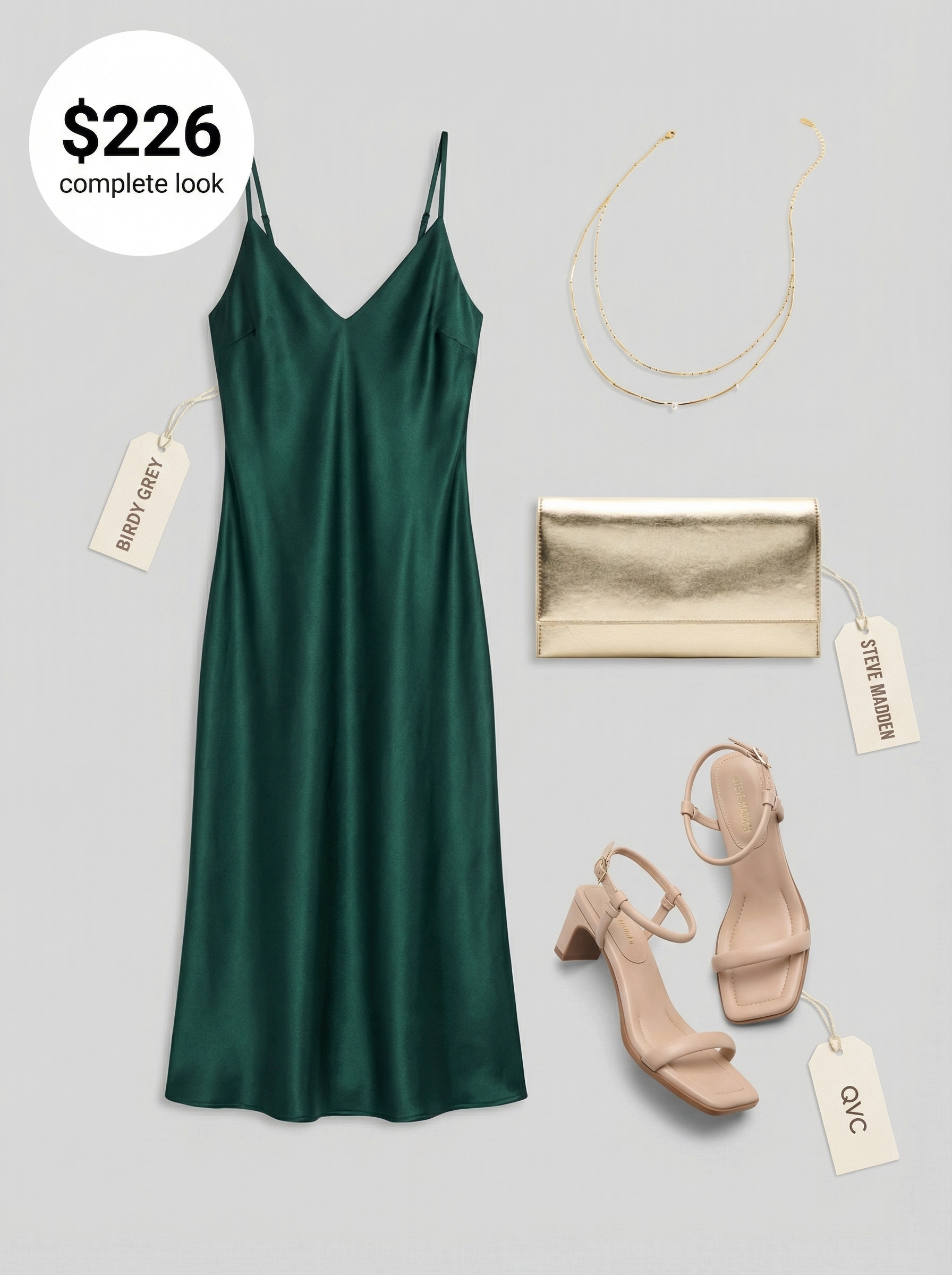 Elegant Europe summer outfit for a romantic evening in Rome, featuring an emerald green satin flowy V-neck midi dress, gold metallic clutch, and delicate layered gold necklaces. Paired with nude strappy block heel sandals, creating a feminine and sophisticated look for a date night or cultural event.
