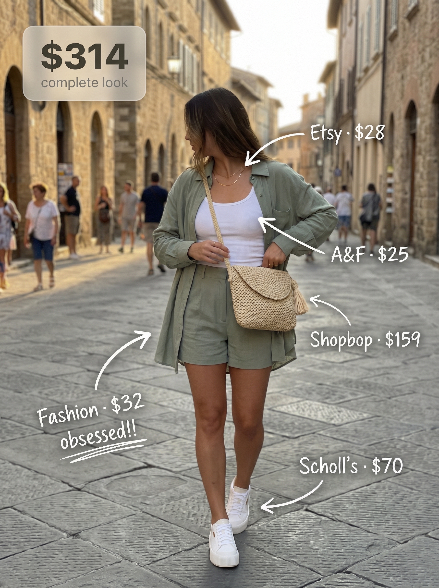 Coordinated sage green linen blend set for a Rome city break, featuring a button-down shirt, wide-leg shorts, white tank top, white sneakers, and woven straw bag, ideal for Europe summer.