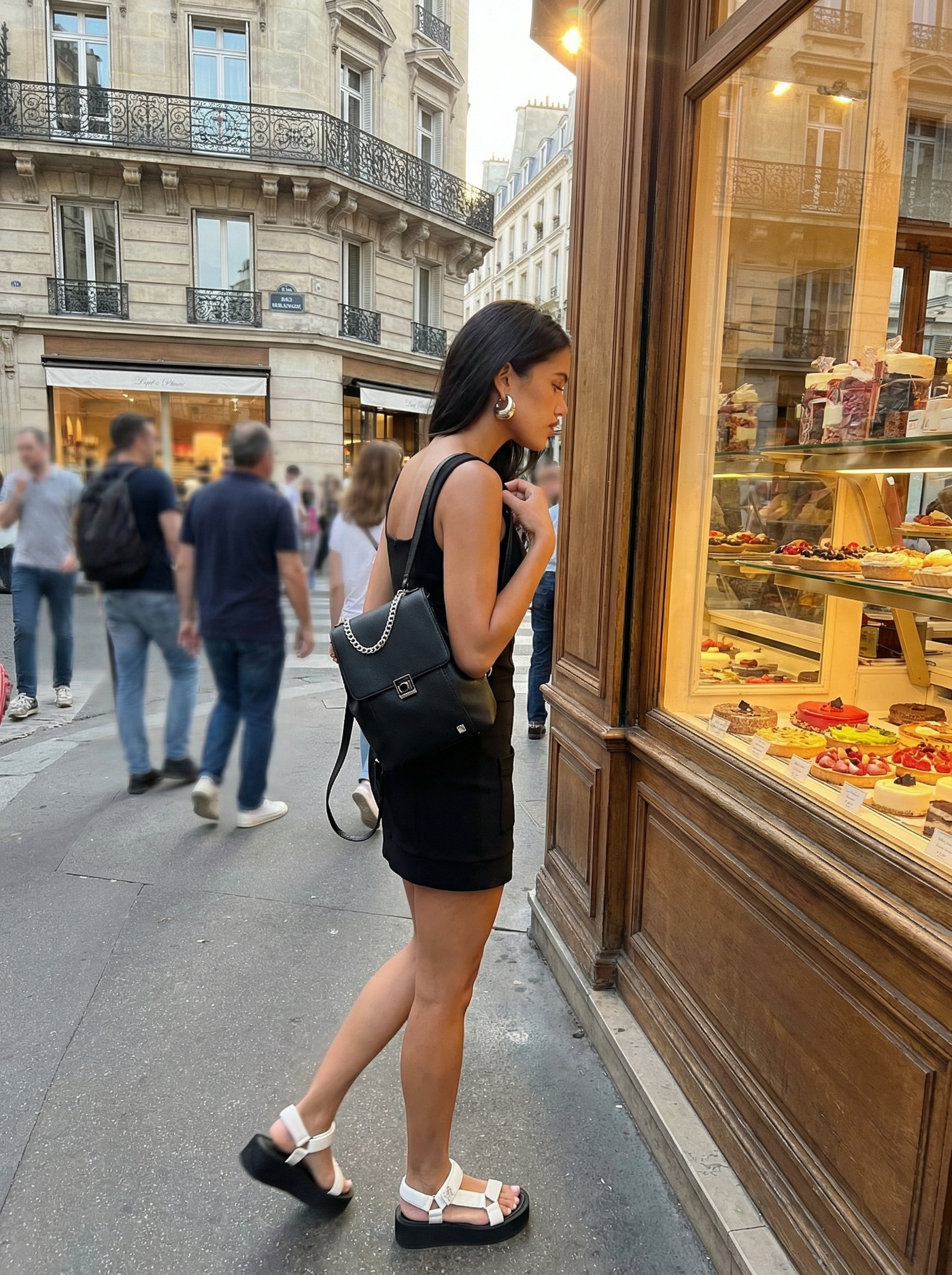 Modern Urban Explorer Europe summer outfit with a sleek black jersey mini dress, white leather platform sandals, a faux leather mini backpack, and chunky silver hoop earrings for city nightlife.