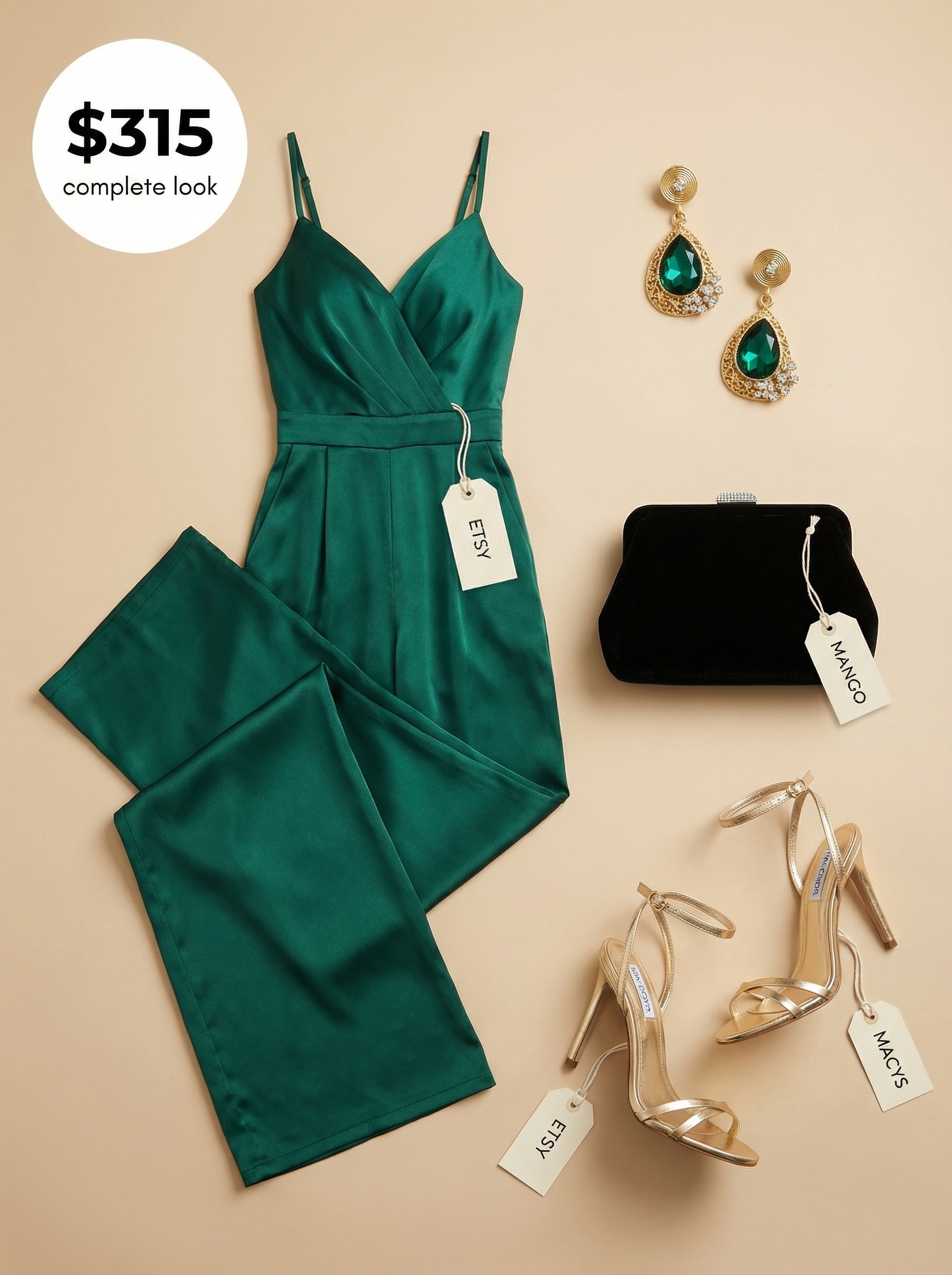 Elegant Venetian Vista Europe summer evening outfit featuring an emerald green satin wide-leg jumpsuit, gold metallic heels, a black velvet clutch, and statement gold earrings for a romantic occasion.