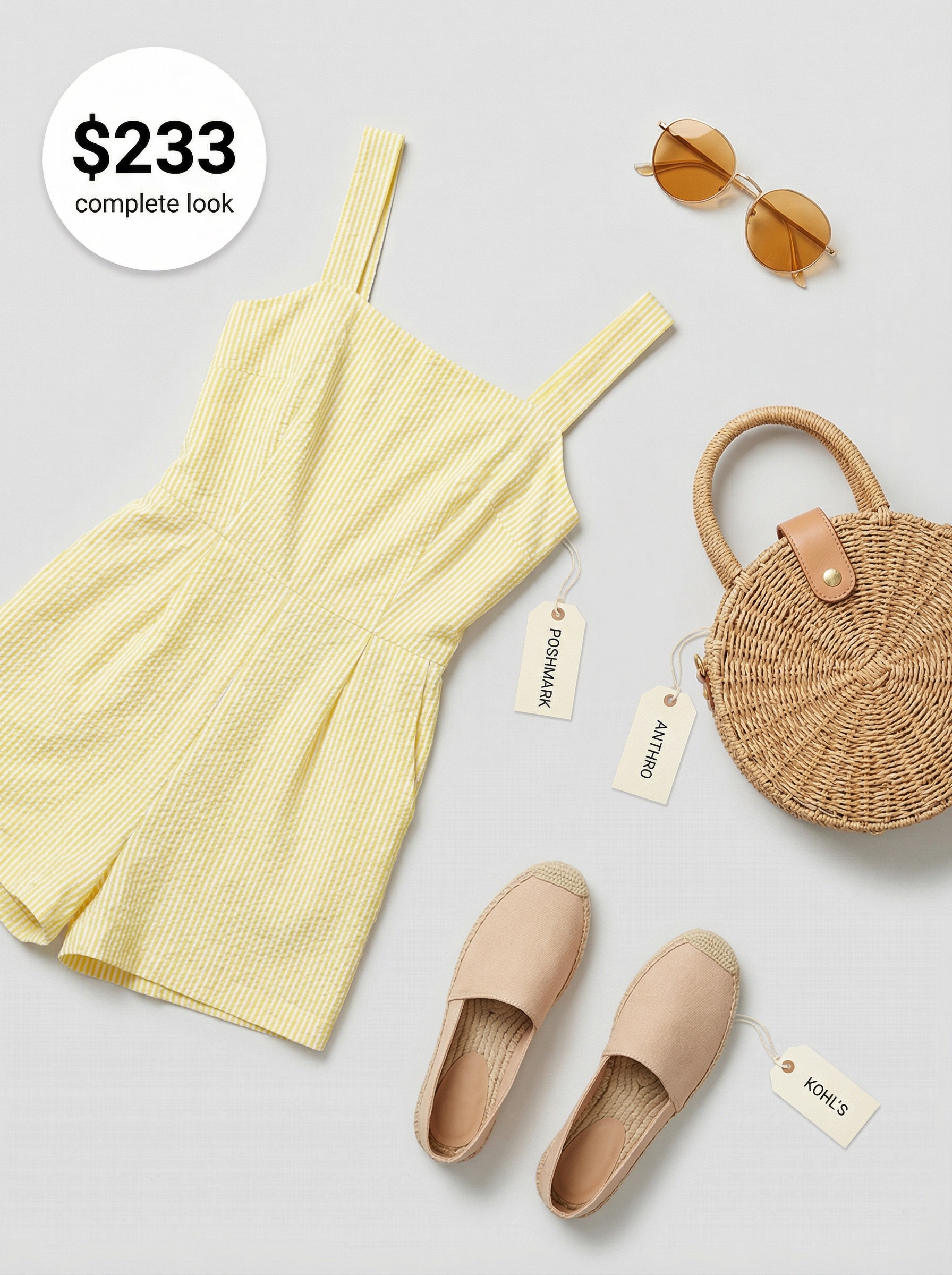 A playful lemon yellow print romper with navy espadrille sandals for European summer outfits 2026 Amalfi Coast adventures.