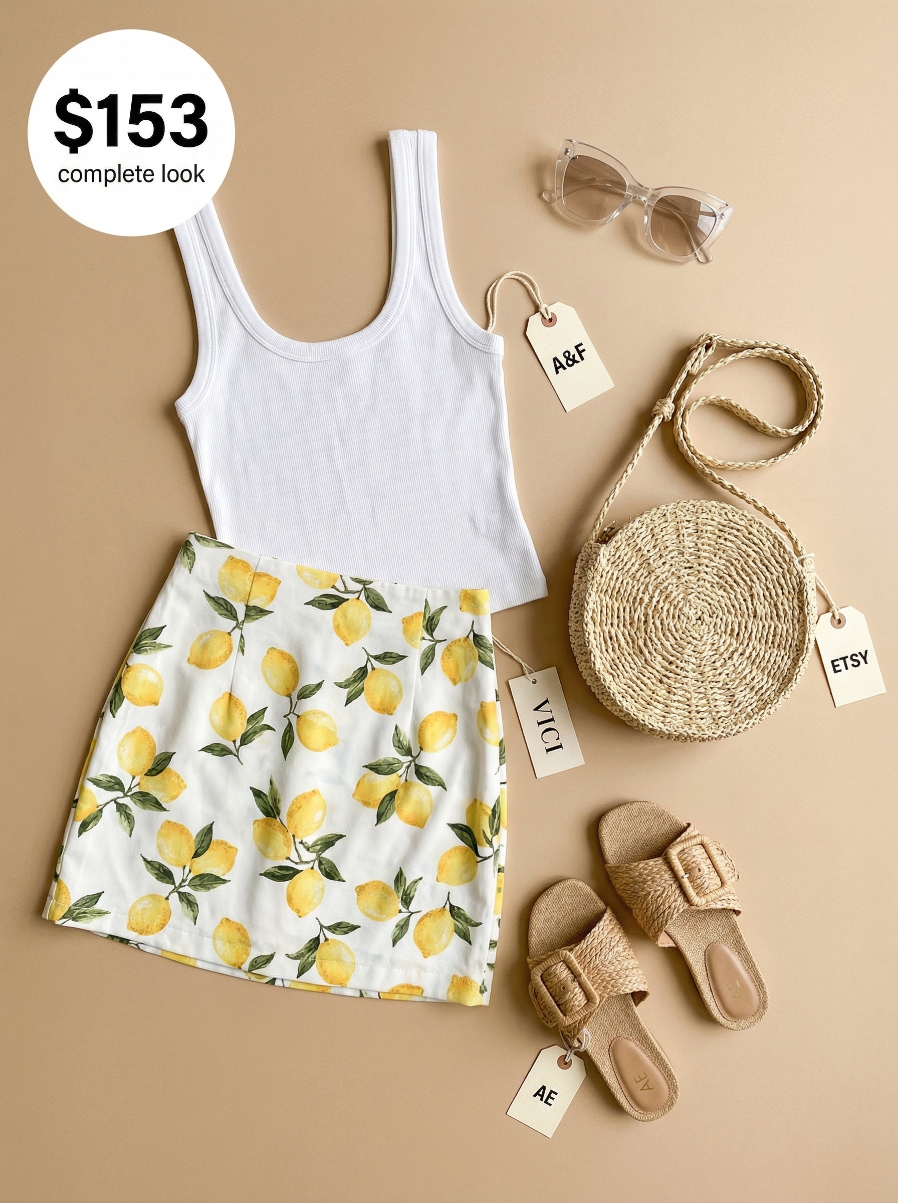 A vibrant lemon yellow tiered mini skirt with a white tank top and raffia sandals for European summer outfits 2026 Amalfi Coast adventures.