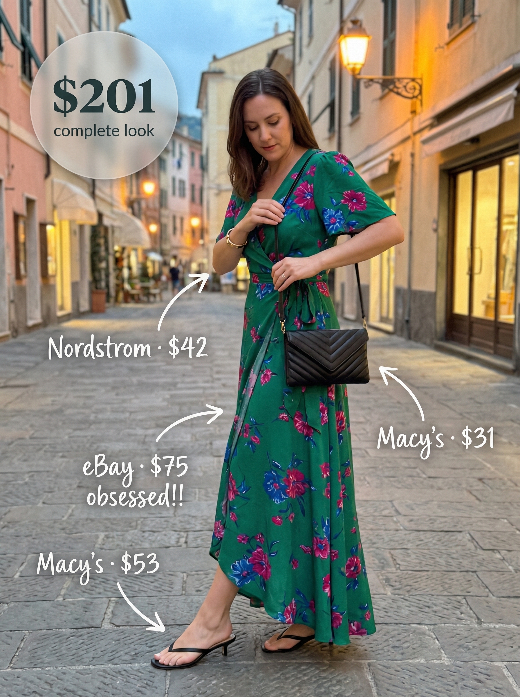 Elegant emerald green floral print satin maxi dress for an Amalfi Coast evening, ideal for European summer outfits 2026, with black heels and gold accents.