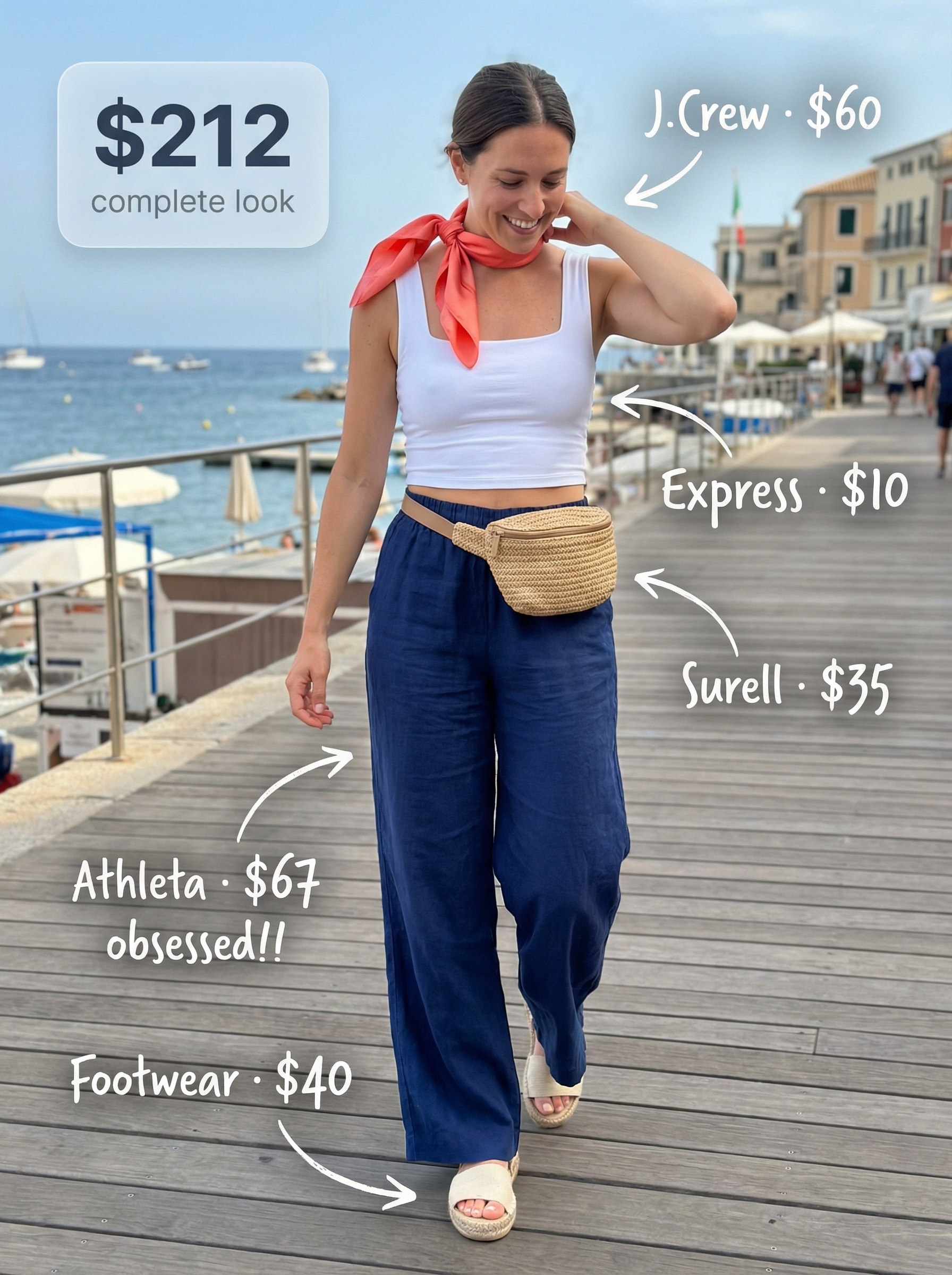 Vibrant coral wide-leg pants paired with a white cropped tank and navy espadrilles, perfect for European summer outfits 2026 coastal towns.