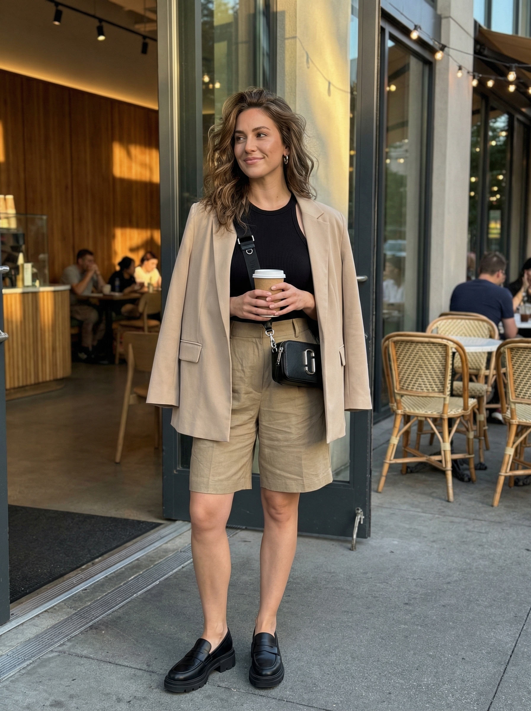 A modern casual chic look featuring beige Bermuda shorts, black mock-neck top, and loafers, ideal for European summer outfits 2026 city outings.