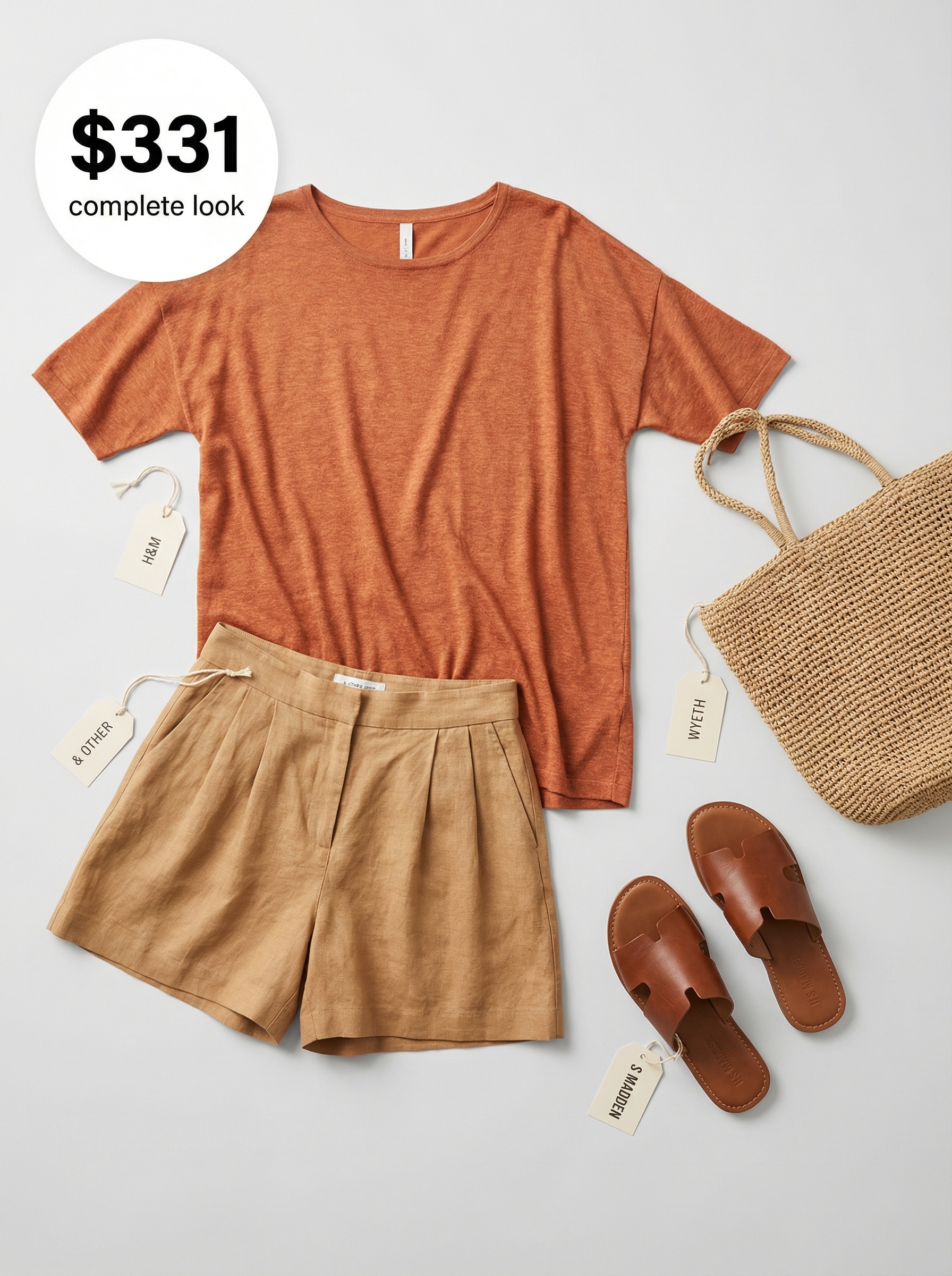A casual European summer outfit for 2026 featuring terracotta linen high-waisted shorts, a cream knit top, tan flat sandals, and a large raffia market bag, ideal for a morning market visit.