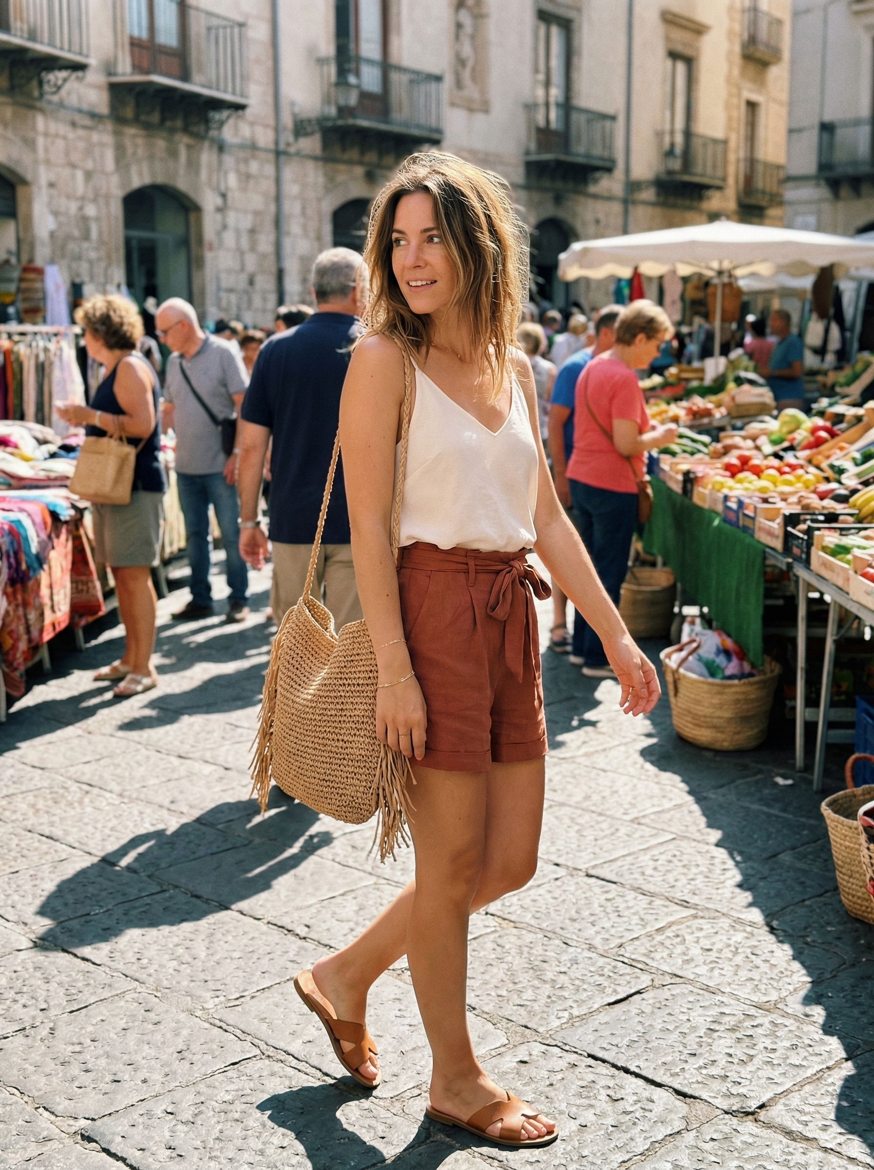 A relaxed European summer outfit for 2026 featuring terracotta paperbag linen shorts, an off-white V-neck camisole, tan leather slides, and a woven crossbody bag, suitable for market shopping.