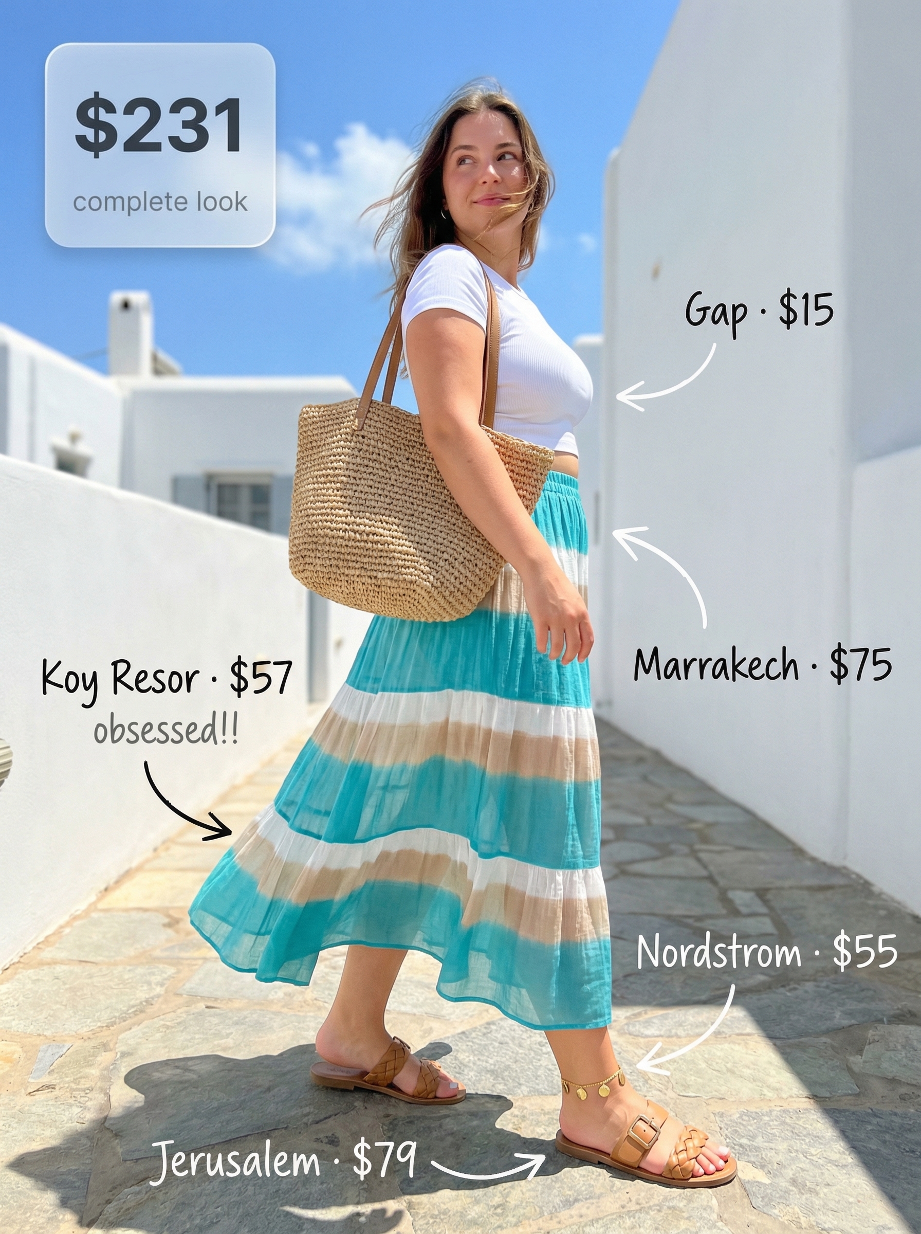 A bohemian European summer outfit for 2026 with a turquoise tiered maxi skirt, white ribbed crop top, natural tan braided sandals, and a straw tote, perfect for Mykonos island hopping.