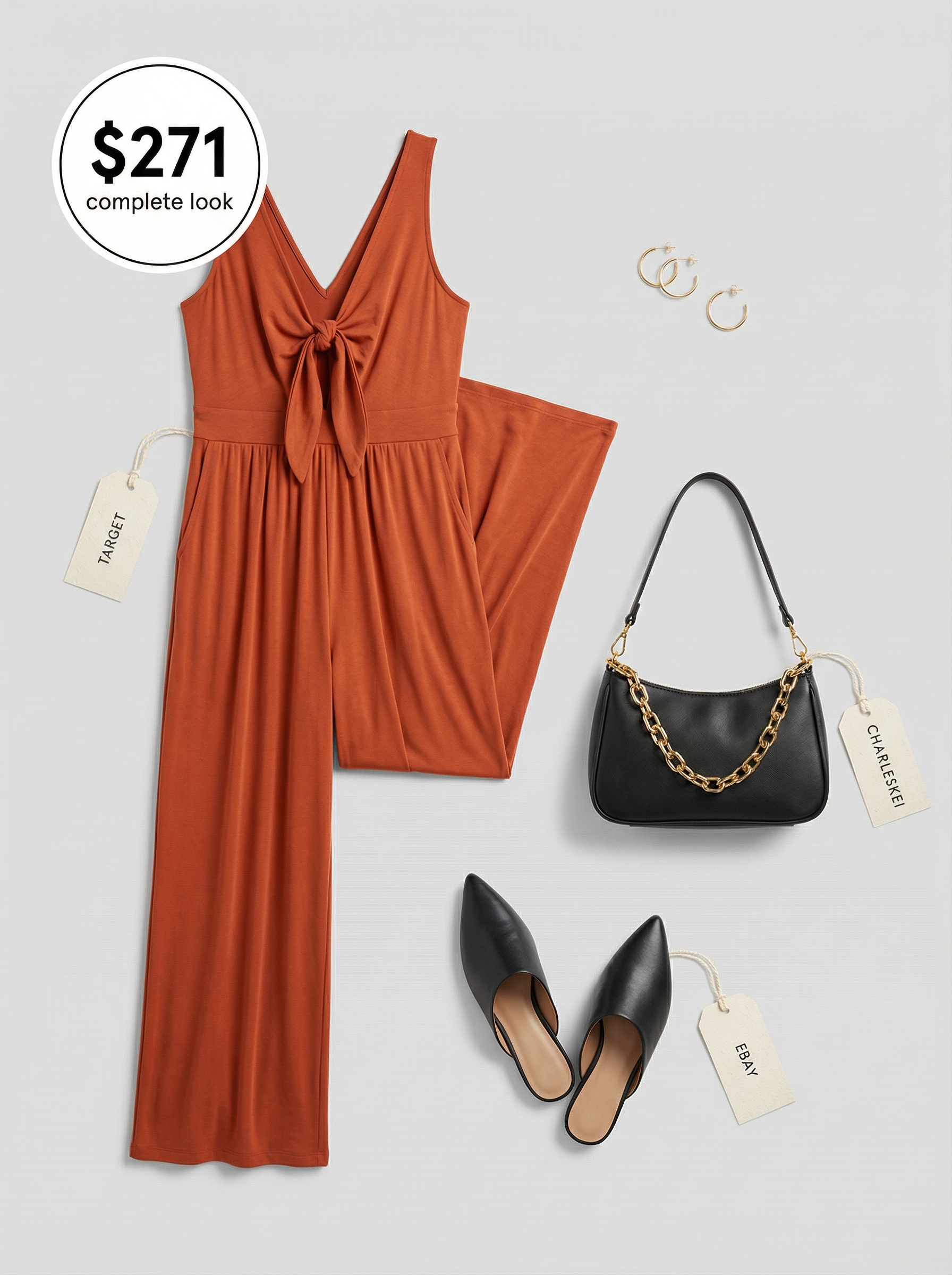A sophisticated European summer outfit for 2026 showcasing a terracotta wide-leg jumpsuit, black mules, a structured black shoulder bag, and gold hoop earrings, perfect for a city break.