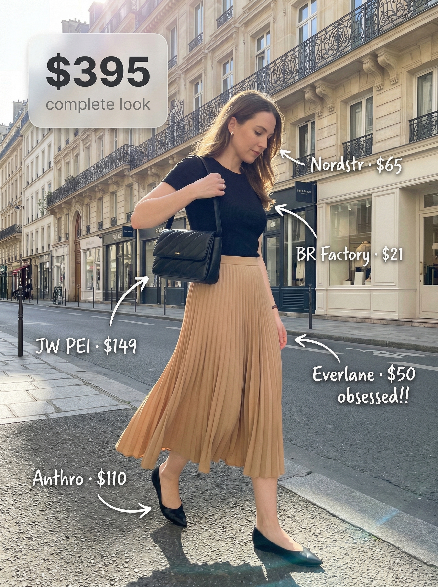 A sophisticated European summer outfit for 2026 featuring a black A-line midi skirt, a cream ribbed knit top, beige ballet flats, and a black quilted shoulder bag, perfect for a Parisian city break.