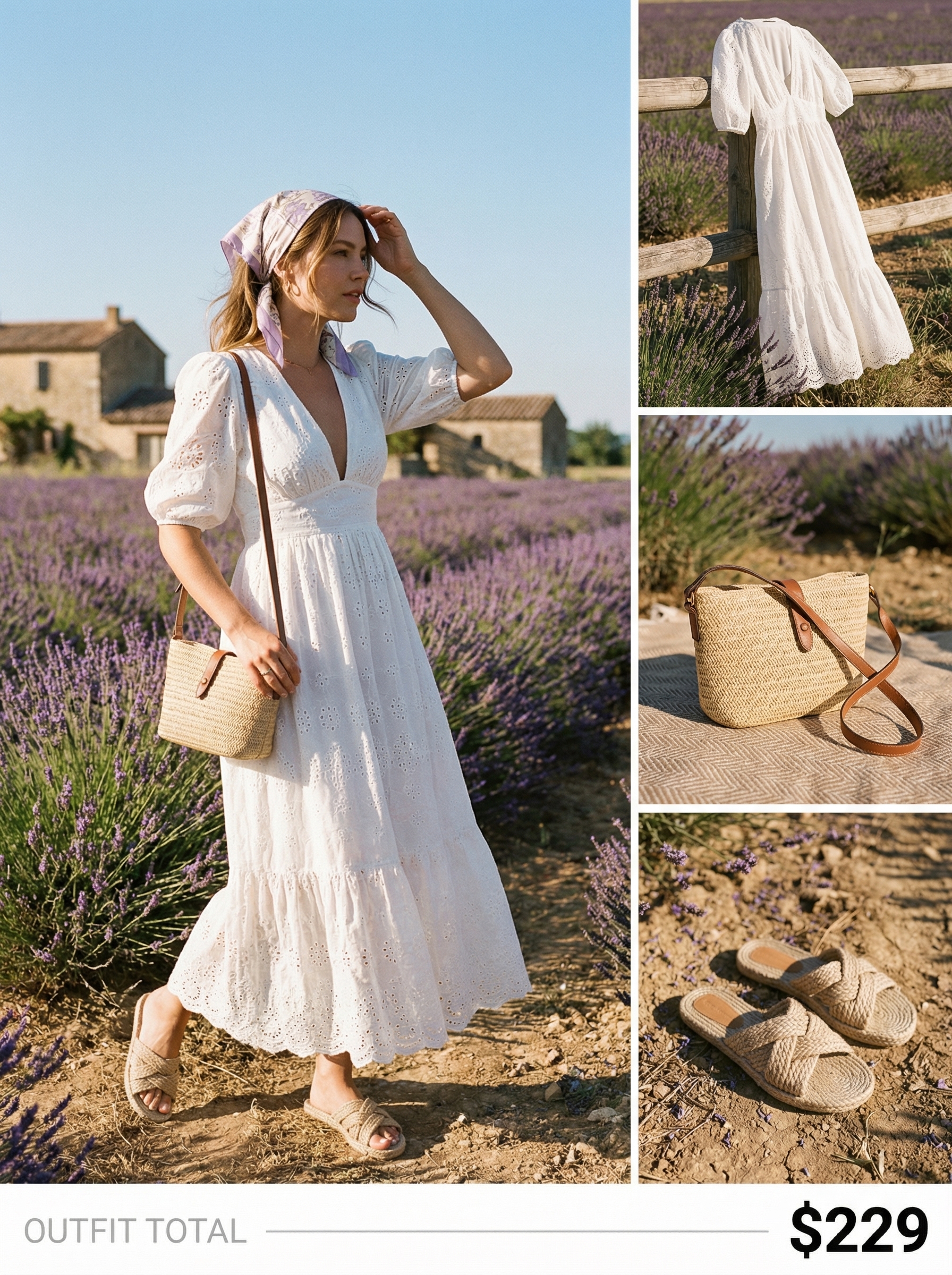 A romantic European summer outfit for 2026 with a flowy white cotton maxi dress, natural jute espadrille sandals, a round straw crossbody bag, and a lavender floral hair scarf, perfect for Provence.