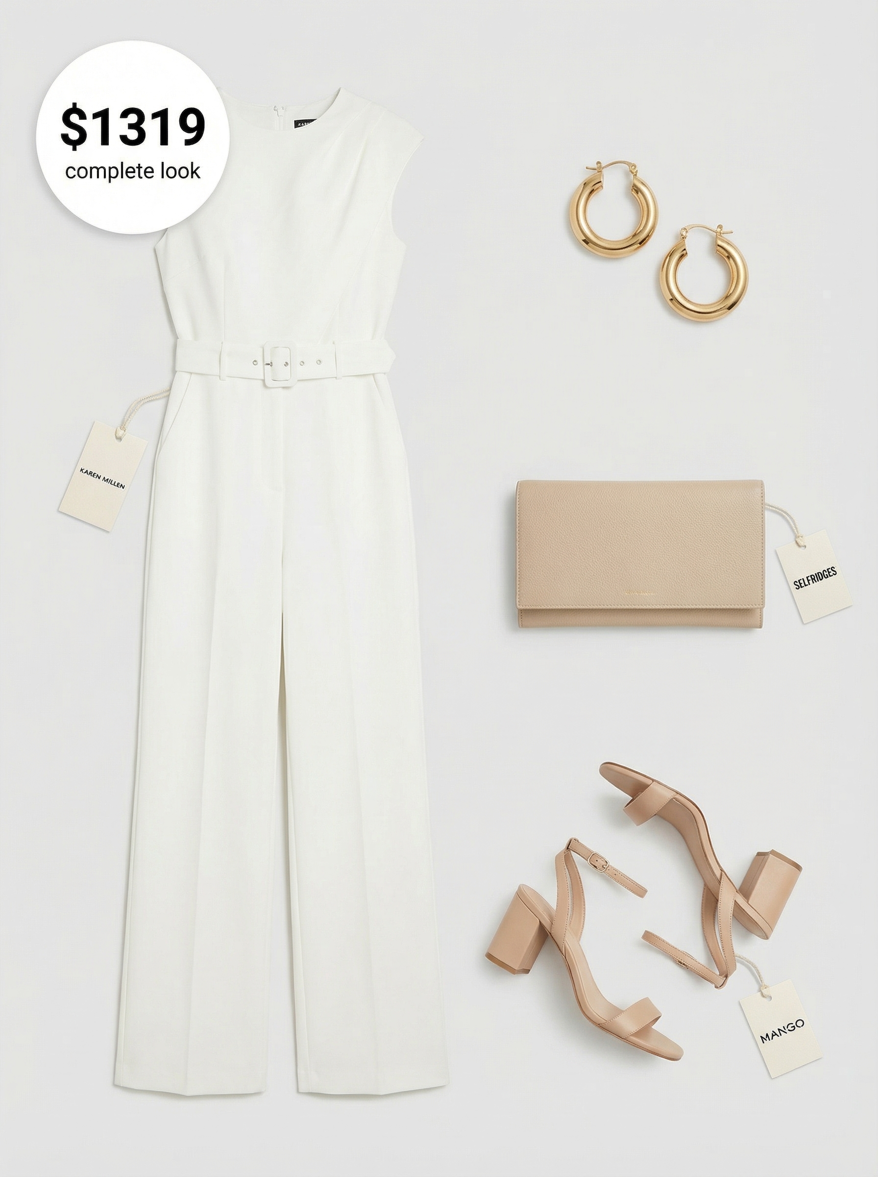 A sophisticated white wide-leg jumpsuit with gold accessories, ideal for European summer outfits 2026 yacht club events.