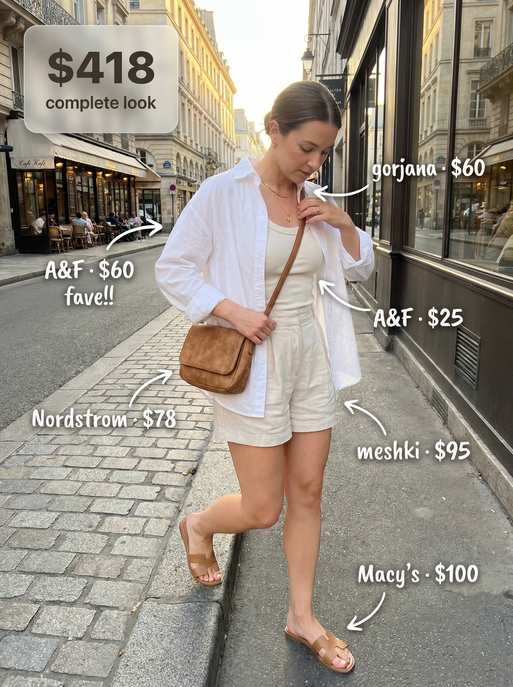 A chic European summer outfit for 2026 featuring ecru pleated linen shorts, a navy ribbed tank, an oversized white button-down shirt, tan slides, and a small cognac crossbody bag, perfect for brunch.