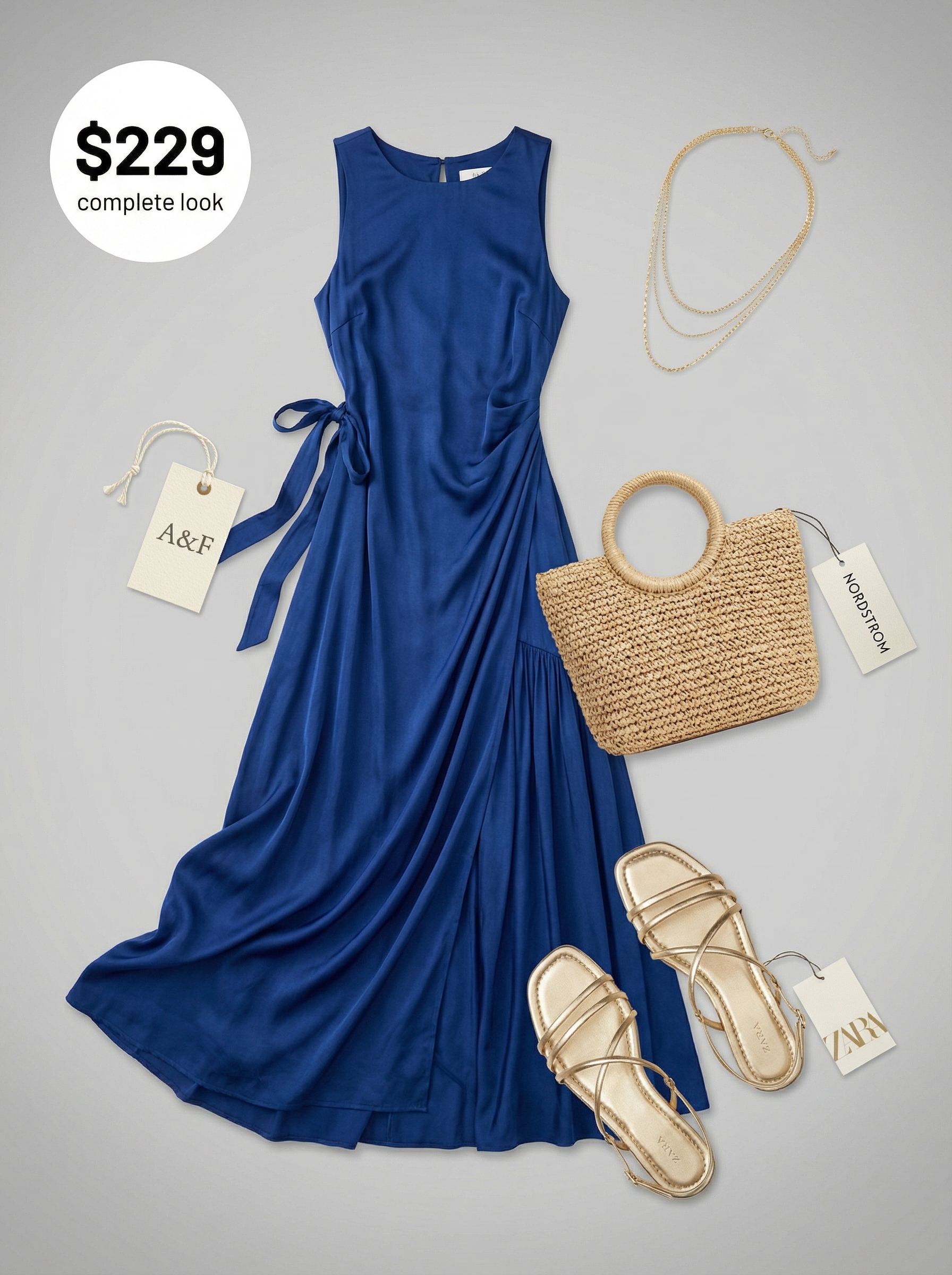 An elegant cobalt blue maxi dress with gold flat sandals for sophisticated European summer outfits 2026 Santorini sunset dinners.