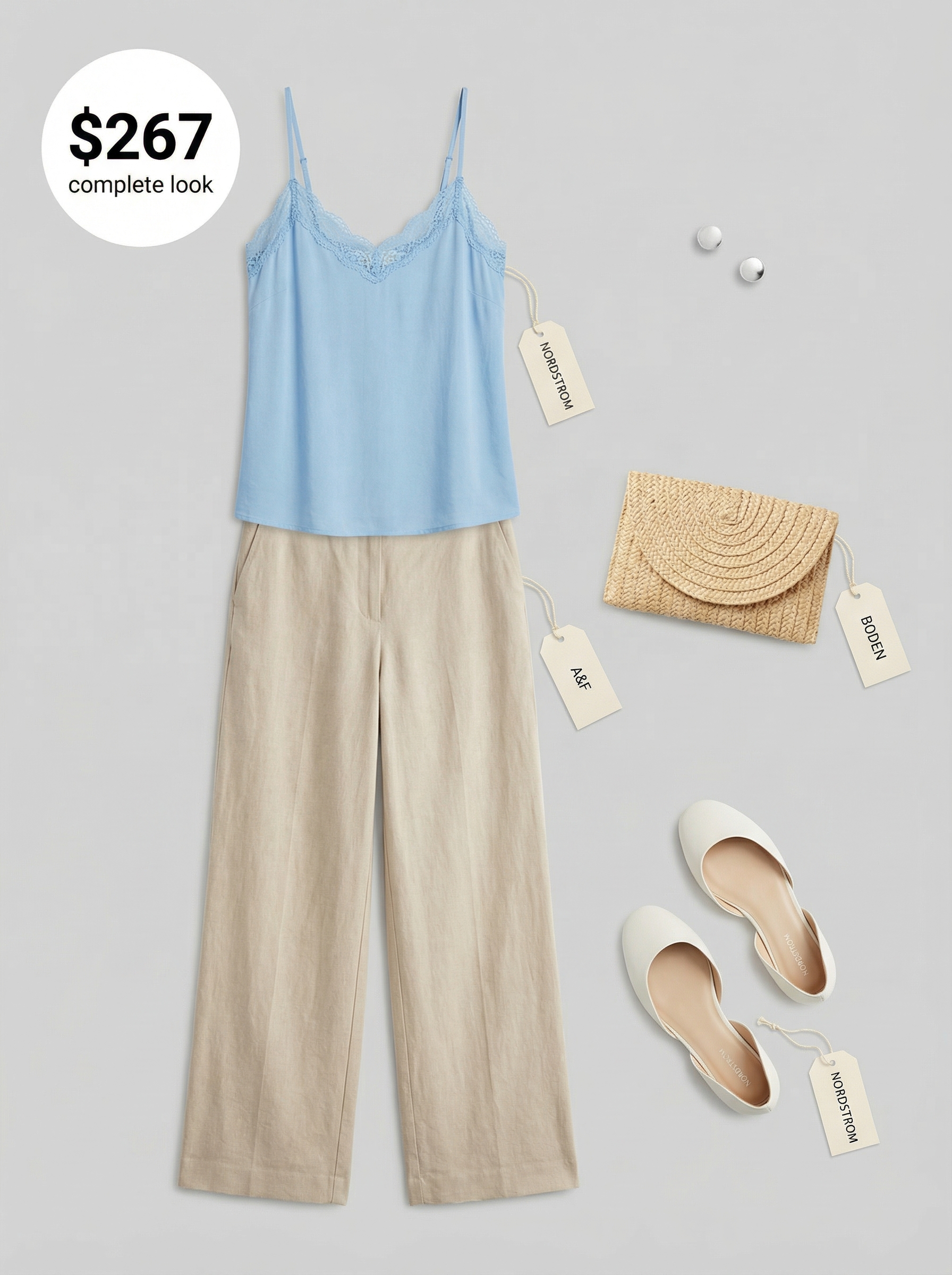 A dreamy white wide-leg linen pants with a sky blue camisole and silver sandals for European summer outfits 2026 Santorini sunset views.