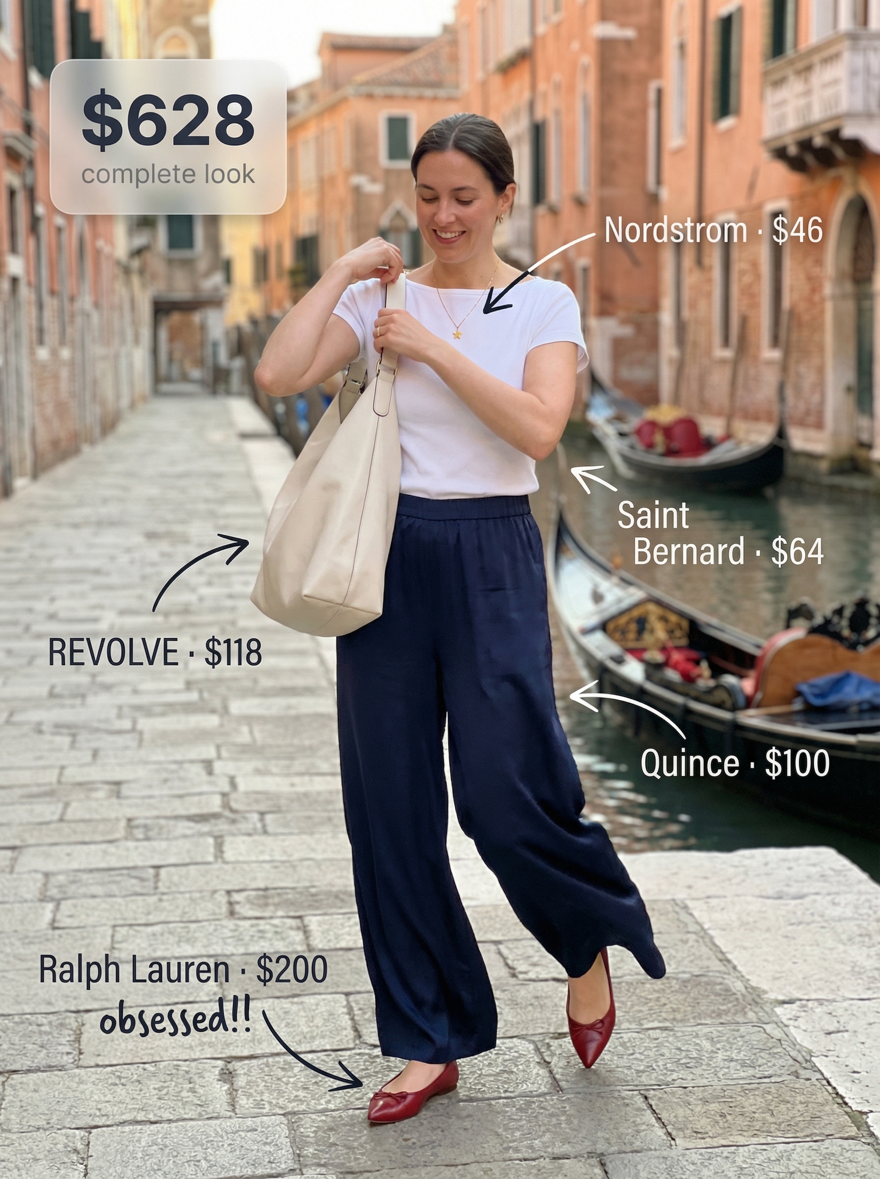 A timeless European summer outfit for 2026 including navy palazzo pants, a white and navy striped Breton top, red ballet flats, and a tan top-handle tote, perfect for a Venetian canal cruise.