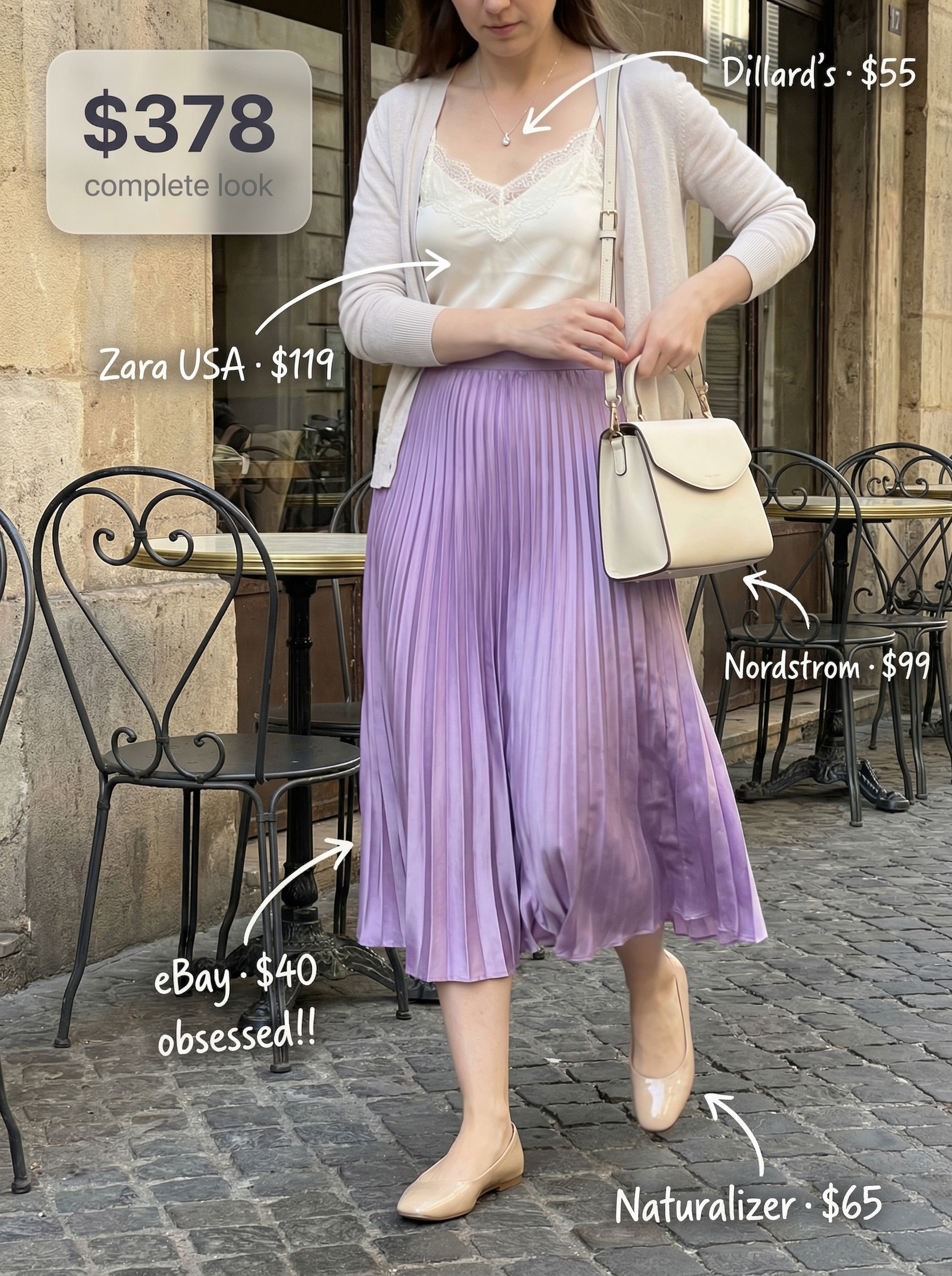 Romantic lavender satin pleated midi skirt with a creamy white silk camisole, perfect for European summer outfits 2026 during a Venetian canal cruise.
