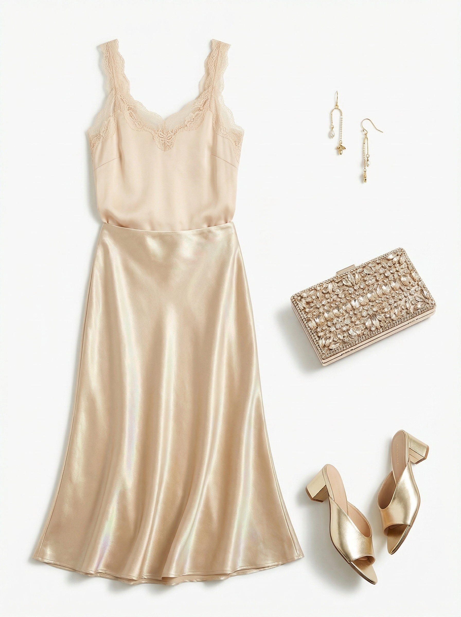 A glamorous European summer outfit for 2026 featuring a champagne gold bias-cut satin slip skirt, an ivory lace-trimmed camisole, gold heeled mules, and a crystal mini clutch, perfect for a Venetian gondola ride.