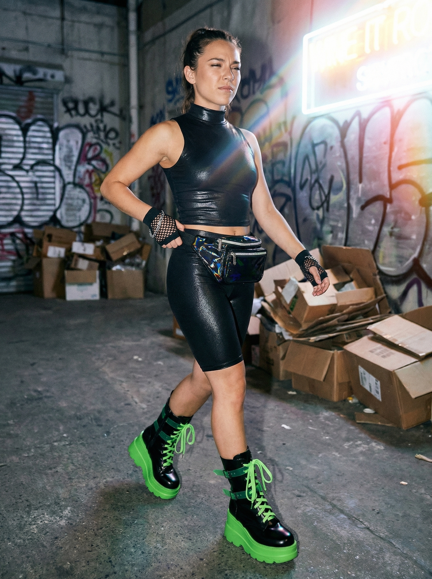 Cyber Goth Rave Outfit 2024 Energetic goth summer outfit for a rave: black metallic biker shorts, matching crop top, holographic belt bag, and black platform boots with neon green laces.