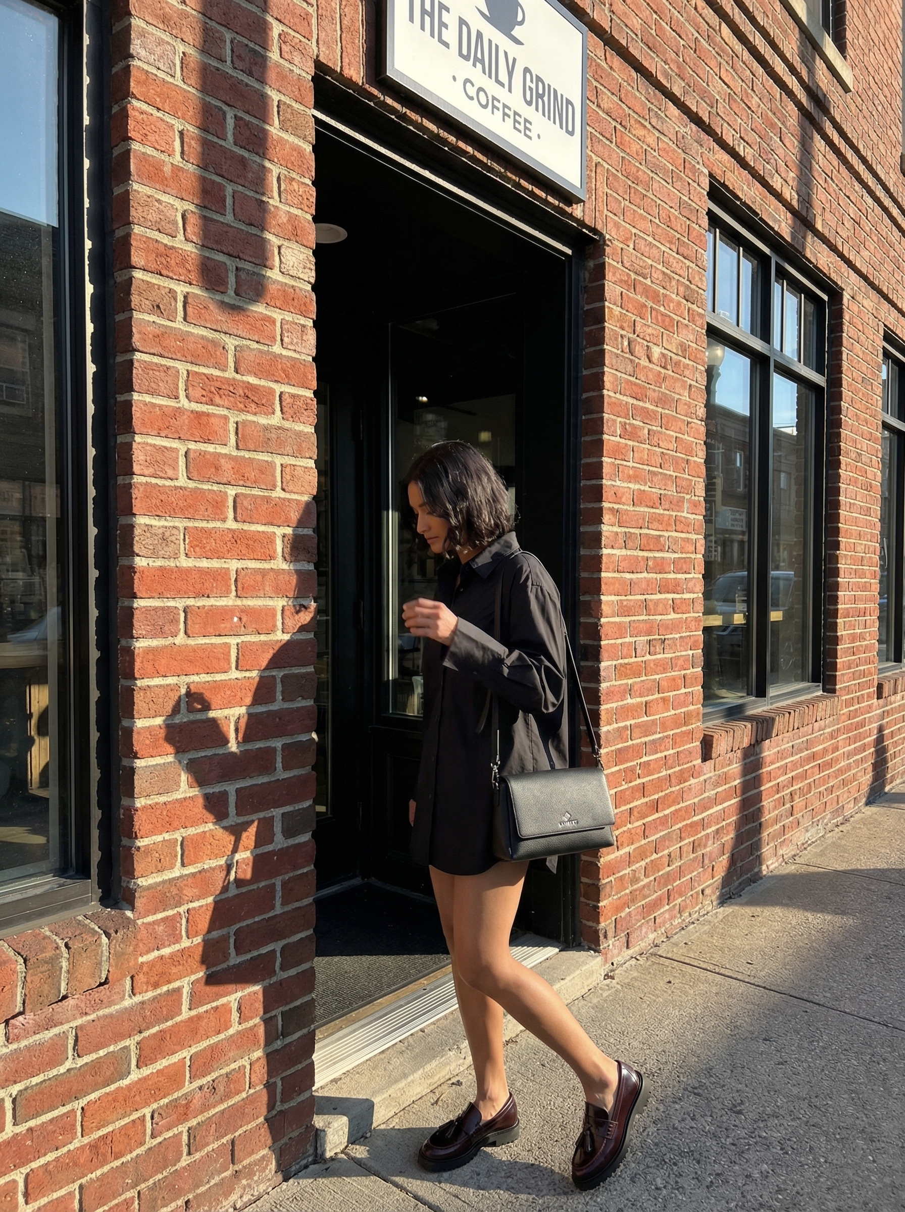 Dark Academia Summer: Polished Goth Outfits 2024 Polished dark academia goth summer outfit with black tailored chino shorts, an oversized button-down, and burgundy leather loafers. Perfect for a museum visit.