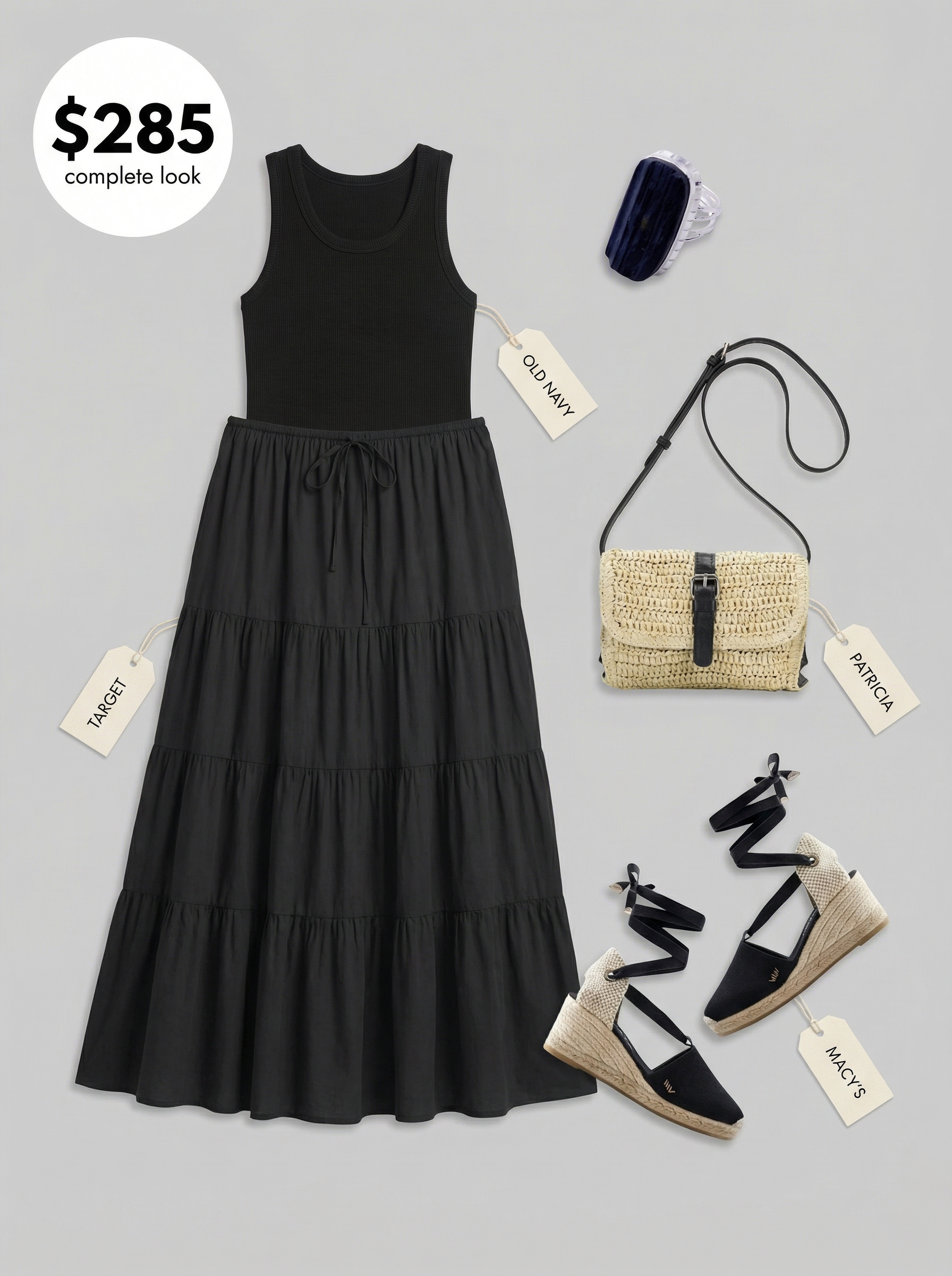 Desert Witch: Bohemian Goth Summer Outfits 2024 Bohemian goth summer outfit featuring a black tiered maxi skirt, fitted racerback tank top, and espadrille sandals. Great for festivals or outdoor events.