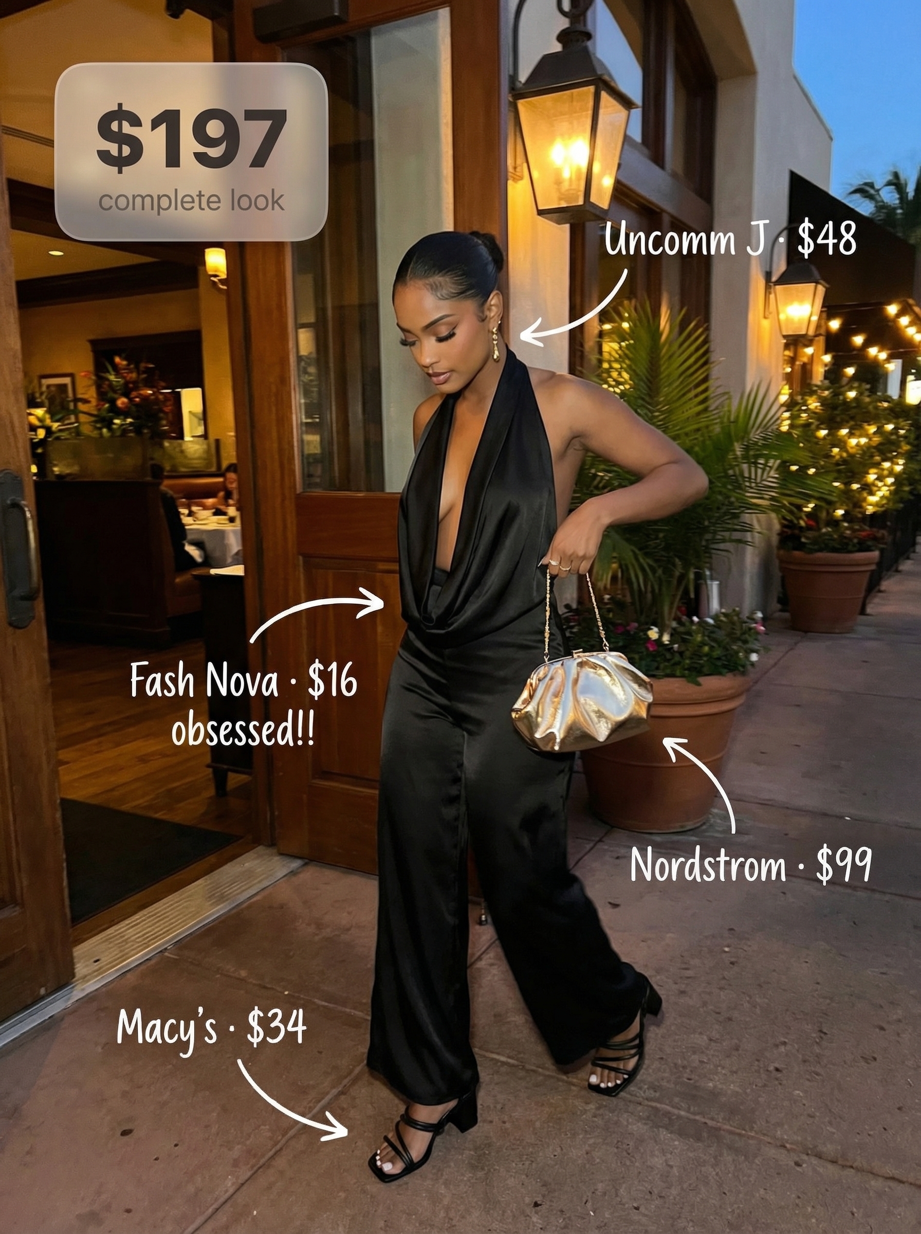 Elegant Black Goth Summer Outfit 2024 Elegant black wide-leg satin jumpsuit with spaghetti straps, perfect for goth summer outfits. Paired with block heel sandals, a metallic clutch, and statement gold earrings for a formal dinner look.